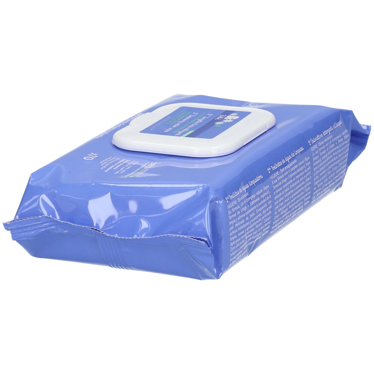 Confezione blu di salviette. Scritta: Uriage, 1st Lingettes d'eau nettoyante. Testo multilingue.