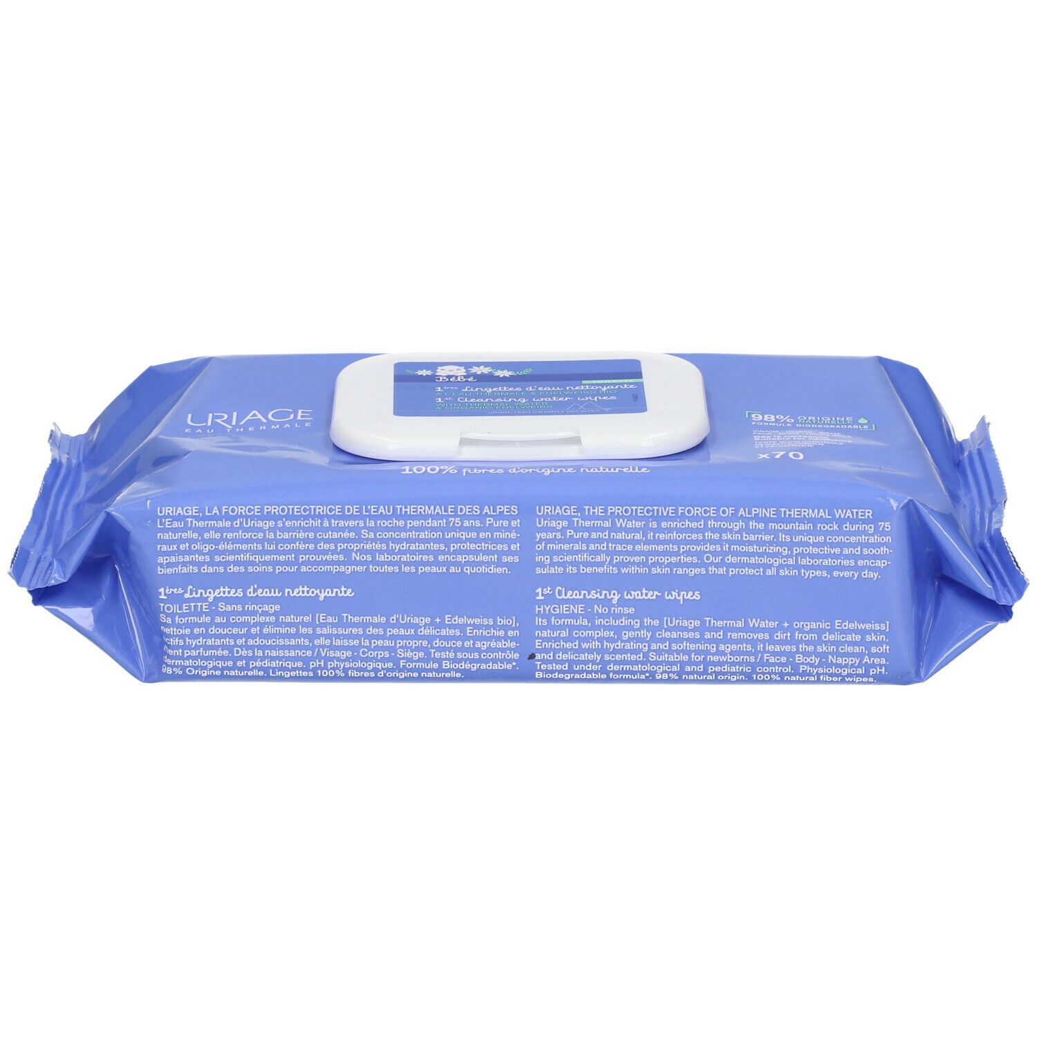 Confezione blu di salviette. Scritta: Uriage, 1st Lingettes d'eau nettoyante. Testo multilingue.