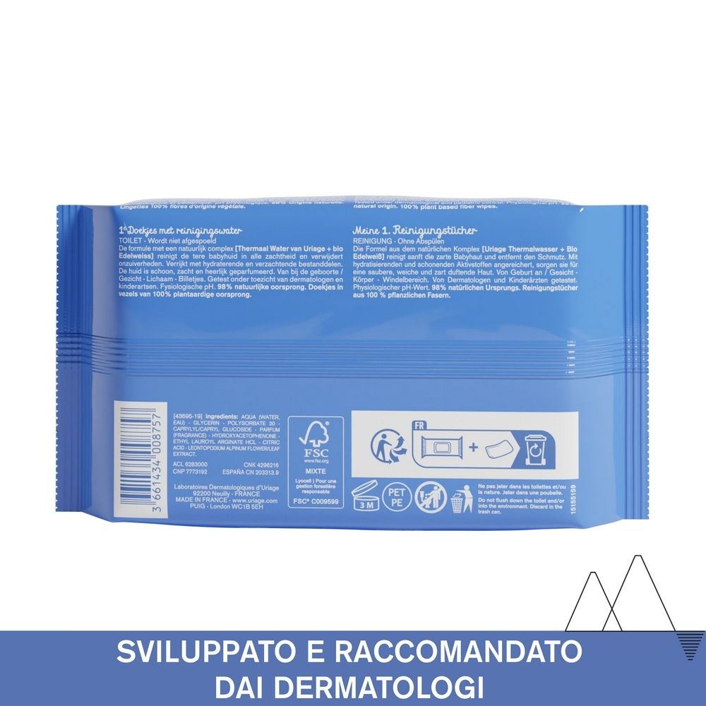 Retro della confezione di salviette. Testo multilingue. Logo FSC, simboli di riciclaggio, 100% fibre vegetali.