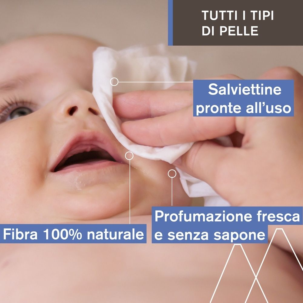 Viso di bambino pulito con una salvietta. Testo: 100% fibra naturale, salviette pronte all'uso, profumo fresco, senza sapone.