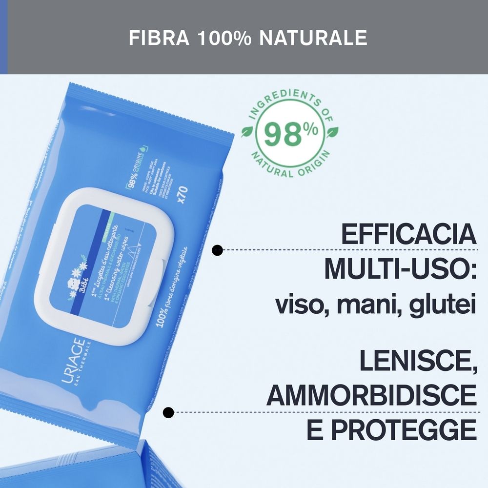 Confezione blu di salviette. Testo: 98% ingredienti naturali, 100% fibra naturale. Efficacia: viso, mani, glutei.
