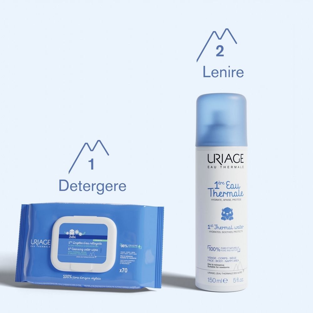 Immagine prodotto: Salviette e spray Acqua Termale. Testo: Detergere, Lenire. Uriage Eau Thermale.