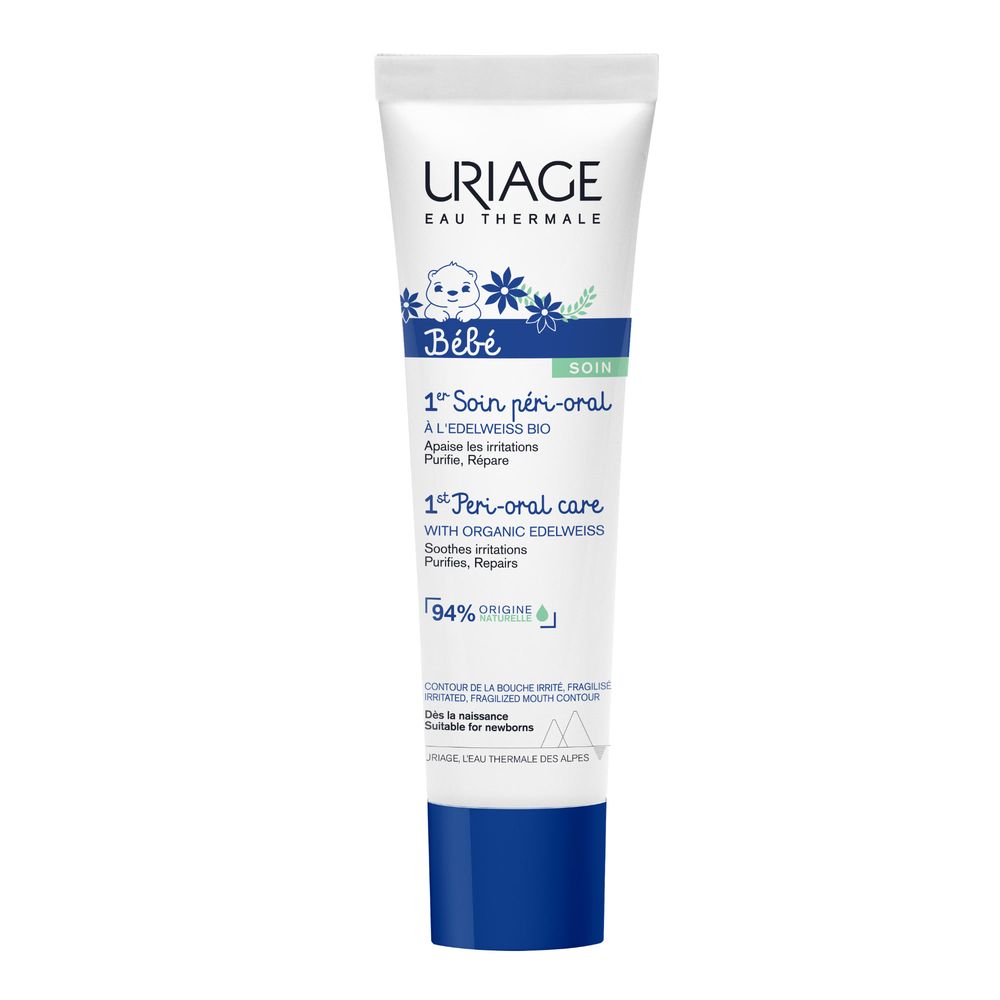 Tubo bianco con tappo blu. Scritta: URIAGE Bébé, 1er Soin péri-oral. Contiene il 94% di ingredienti di origine naturale.