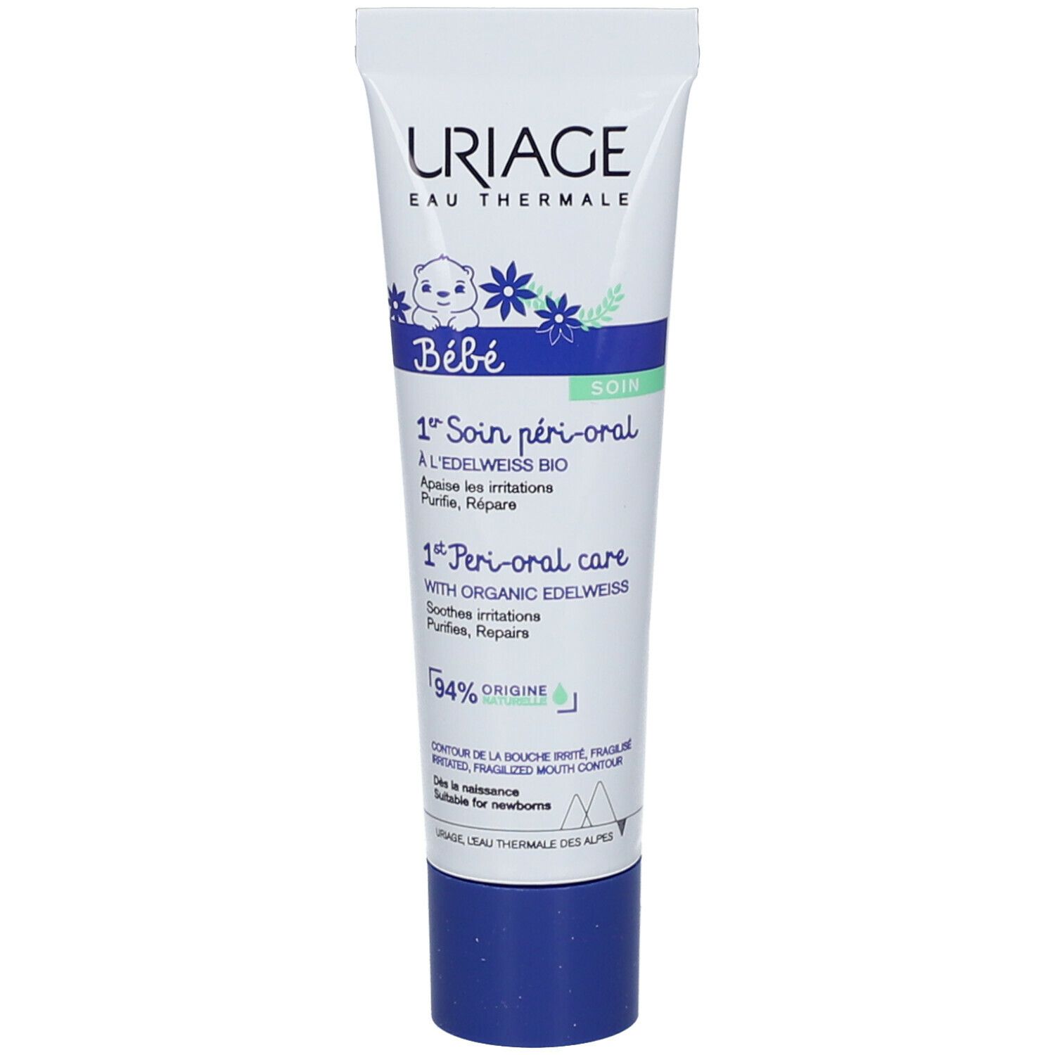 Tubo bianco con tappo blu. Scritta: URIAGE Bébé, 1er Soin péri-oral. Contiene il 94% di ingredienti di origine naturale.