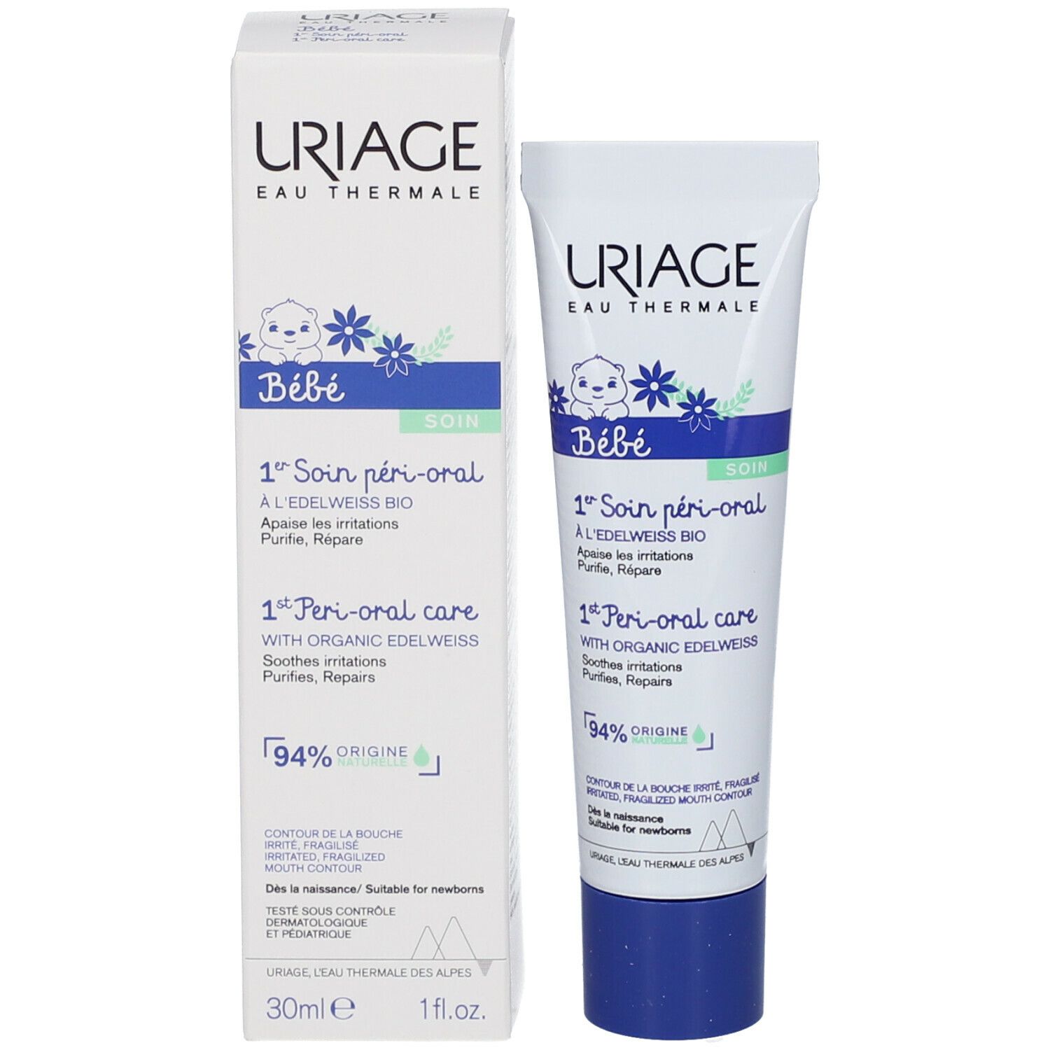 Prodotto e confezione. Tubo e scatola. Scritta: URIAGE Bébé, 1er Soin péri-oral. 94% ingredienti naturali.