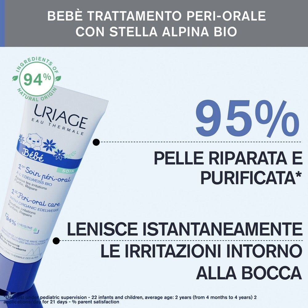 Tubo con testo: Bébé Trattamento Peri-Orale con Stella Alpina Bio. 95% pelle riparata e purificata. Lenisce immediatamente le irritazioni.