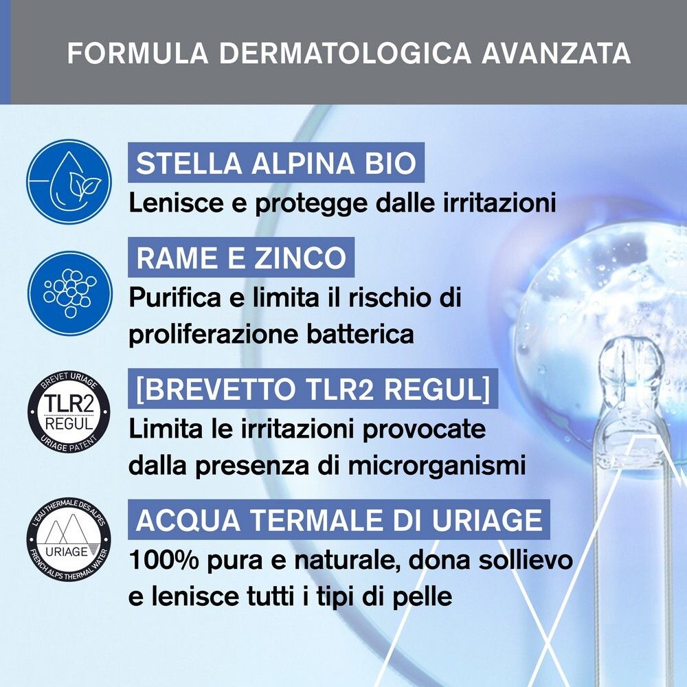 Infografica con ingredienti: Stella Alpina Bio, Rame e Zinco, TLR2 Regul, Acqua Termale Uriage. Raccomandato da dermatologi.