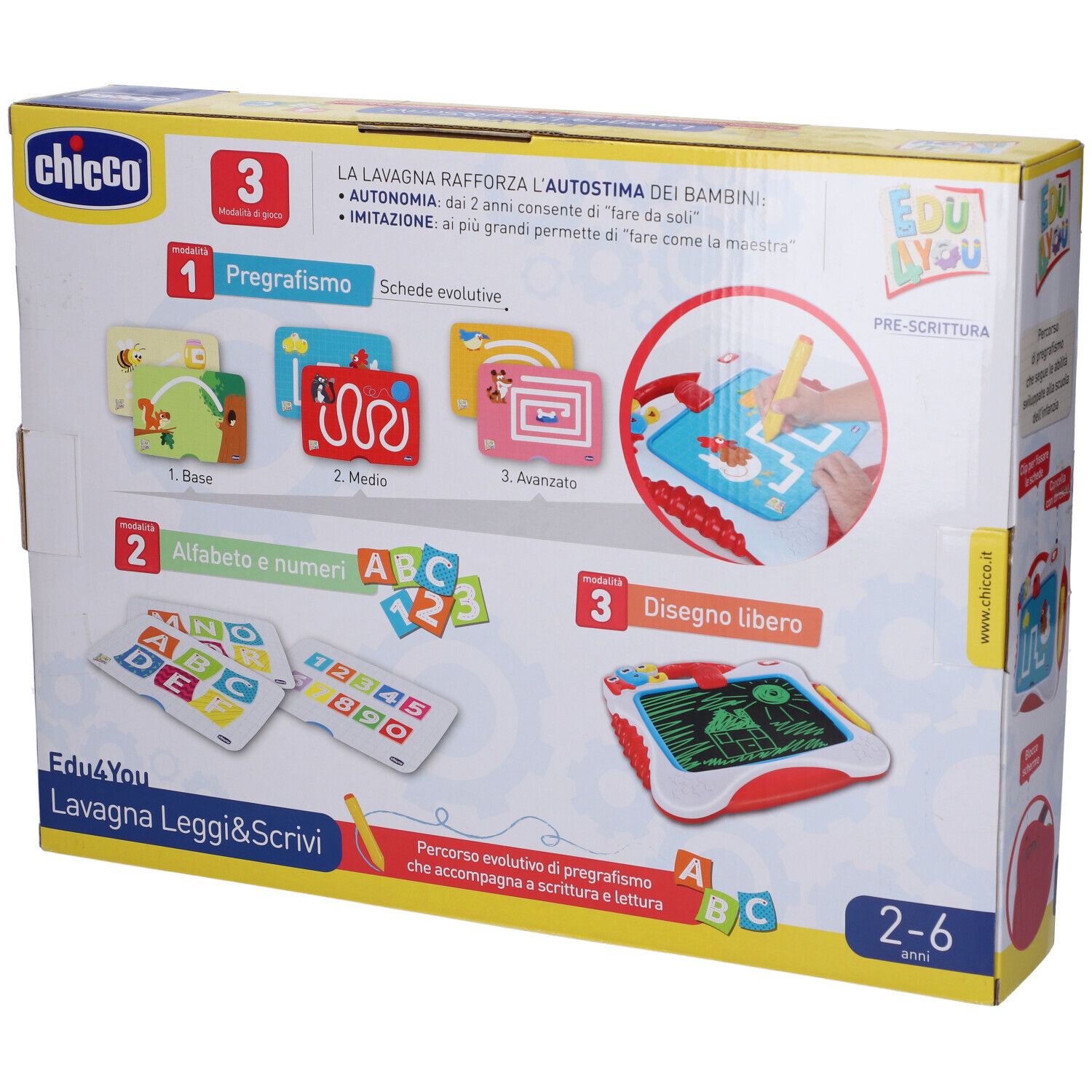 Rückseite der Chicco Spieltafel Schreiben&lesen Ita Chicco Verpackung mit Produktabbildungen.