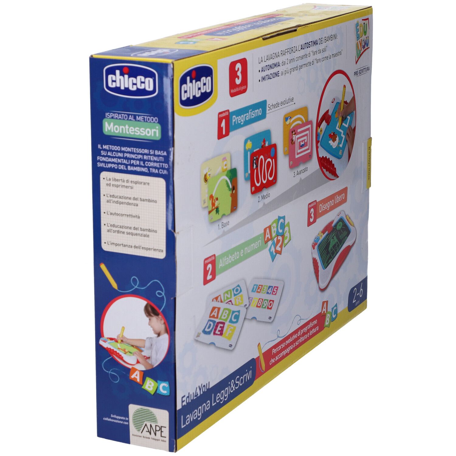 Seite der Chicco Spieltafel Schreiben&lesen Ita Chicco Verpackung, Montessori-Methode.