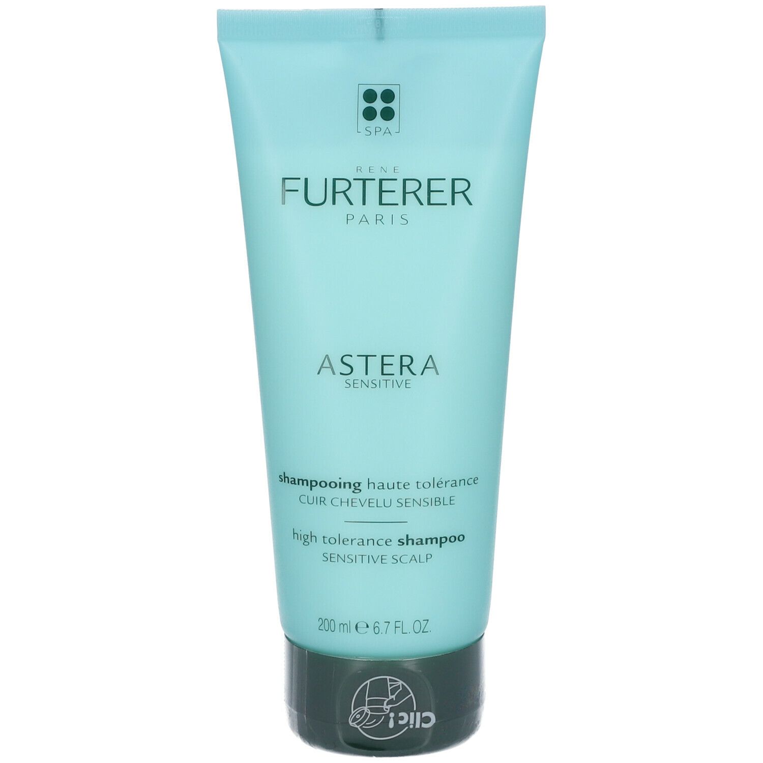 Tubo verde chiaro con tappo verde. Scritta: René Furterer Paris, Astera Sensitive. Testo: Shampooing haute tolérance, cuir chevelu sensible.