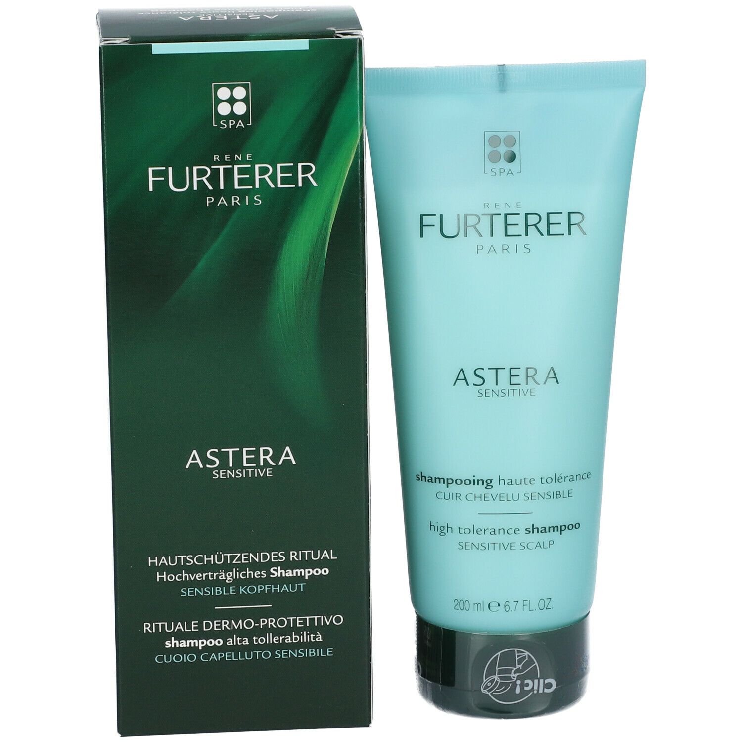 Confezione del prodotto: tubo e scatola. Scritta: René Furterer Paris, Astera Sensitive. Testo: Shampooing haute tolérance, cuir chevelu sensible.