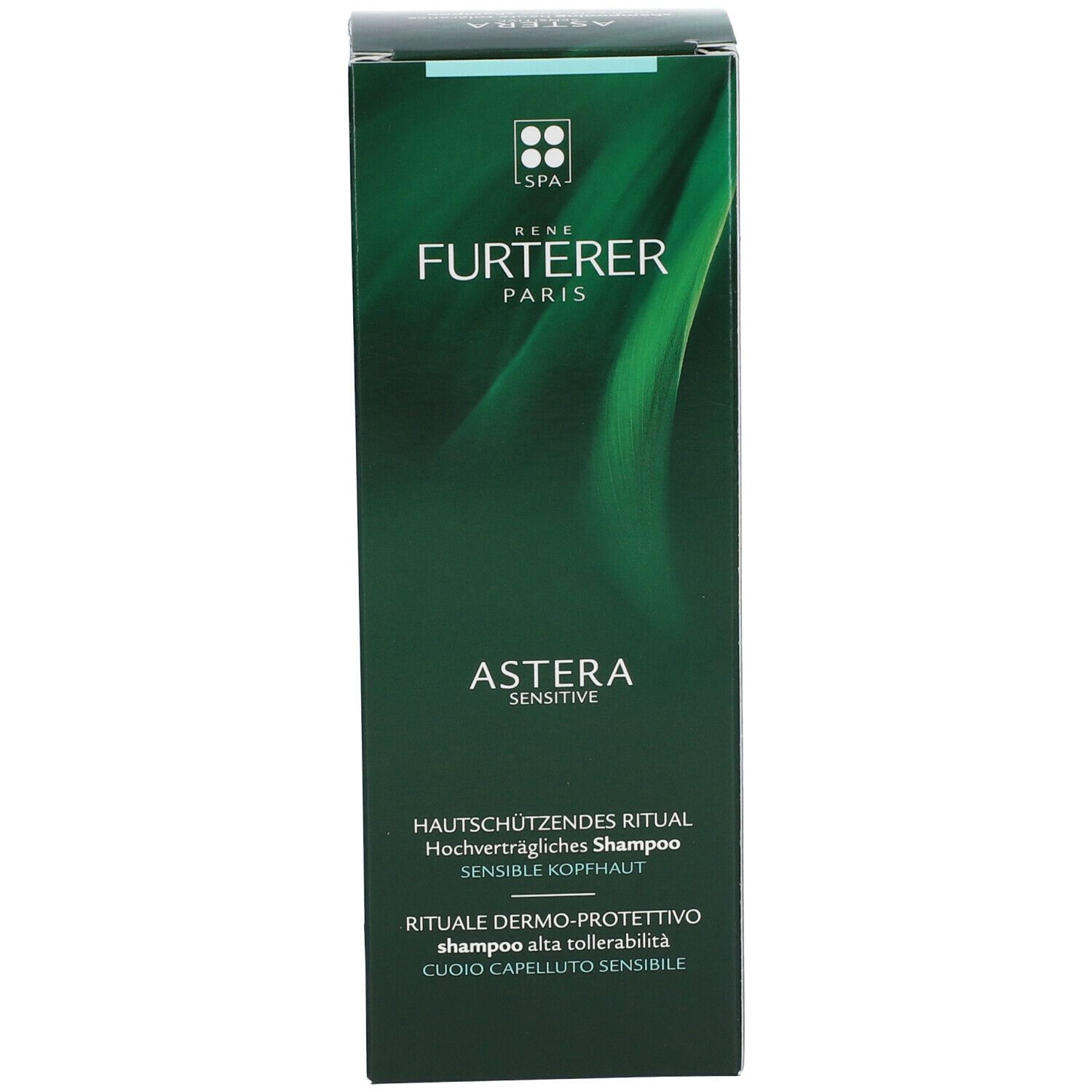 Scatola verde scuro. Scritta: René Furterer Paris, Astera Sensitive. Testo: Shampooing haute tolérance, cuir chevelu sensible.