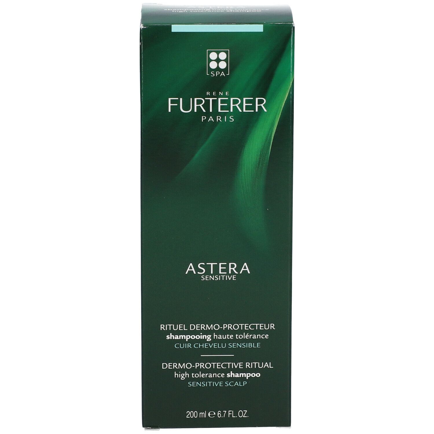Scatola verde scuro. Scritta: René Furterer Paris, Astera Sensitive. Testo: Shampooing haute tolérance, cuir chevelu sensible.