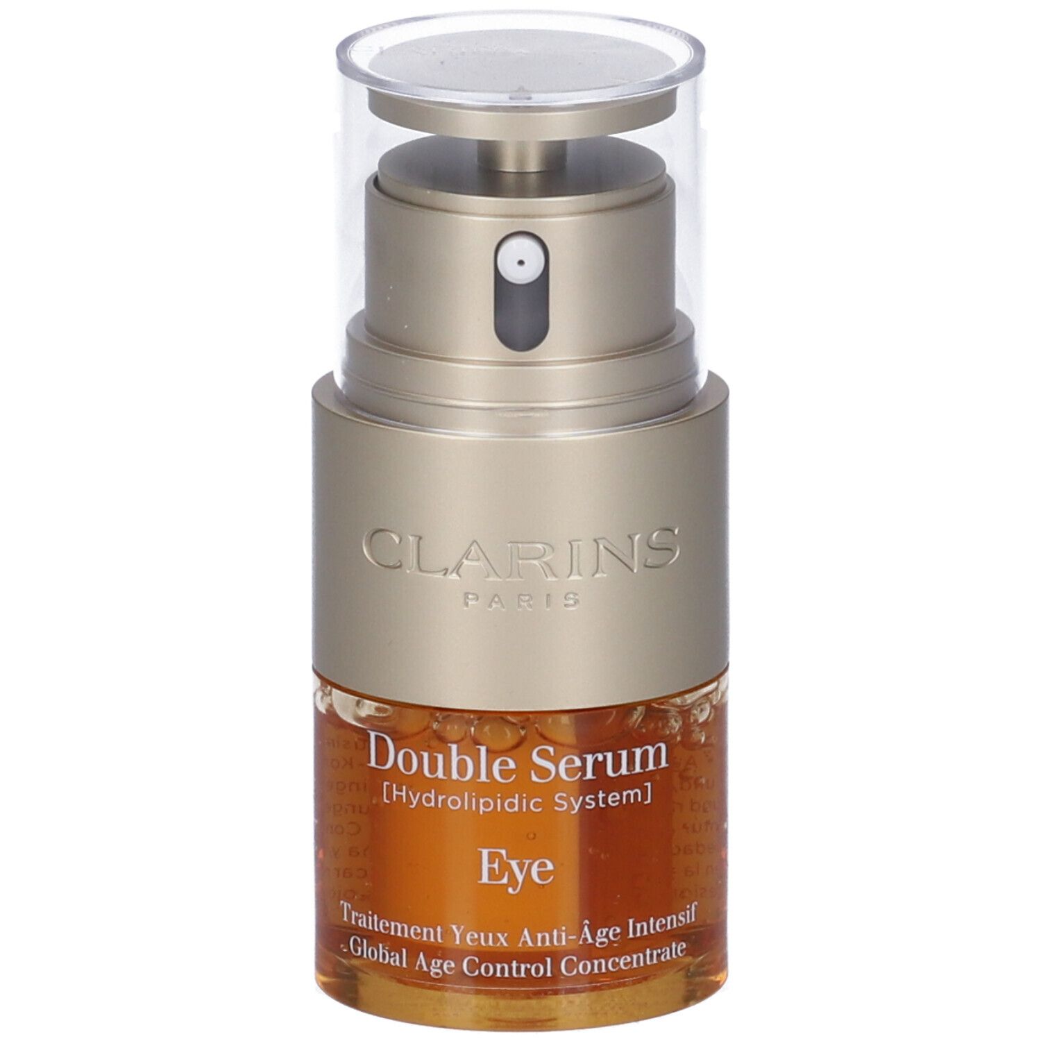 Clarins Double Serum Occhi. Contenitore dorato con tappo trasparente. Nome del prodotto e ingredienti visibili.