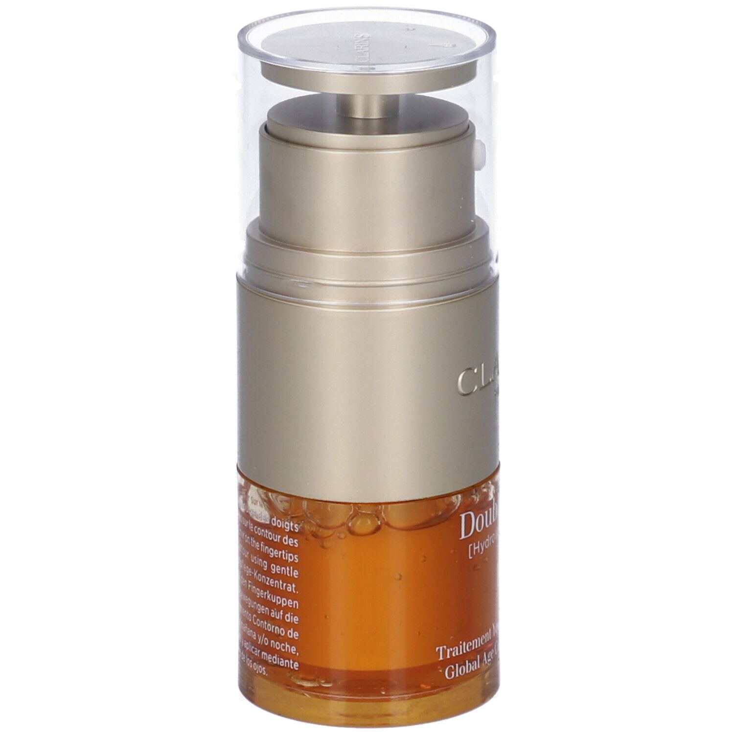 Clarins Double Serum Occhi. Contenitore dorato con tappo trasparente. Nome del prodotto e ingredienti visibili.