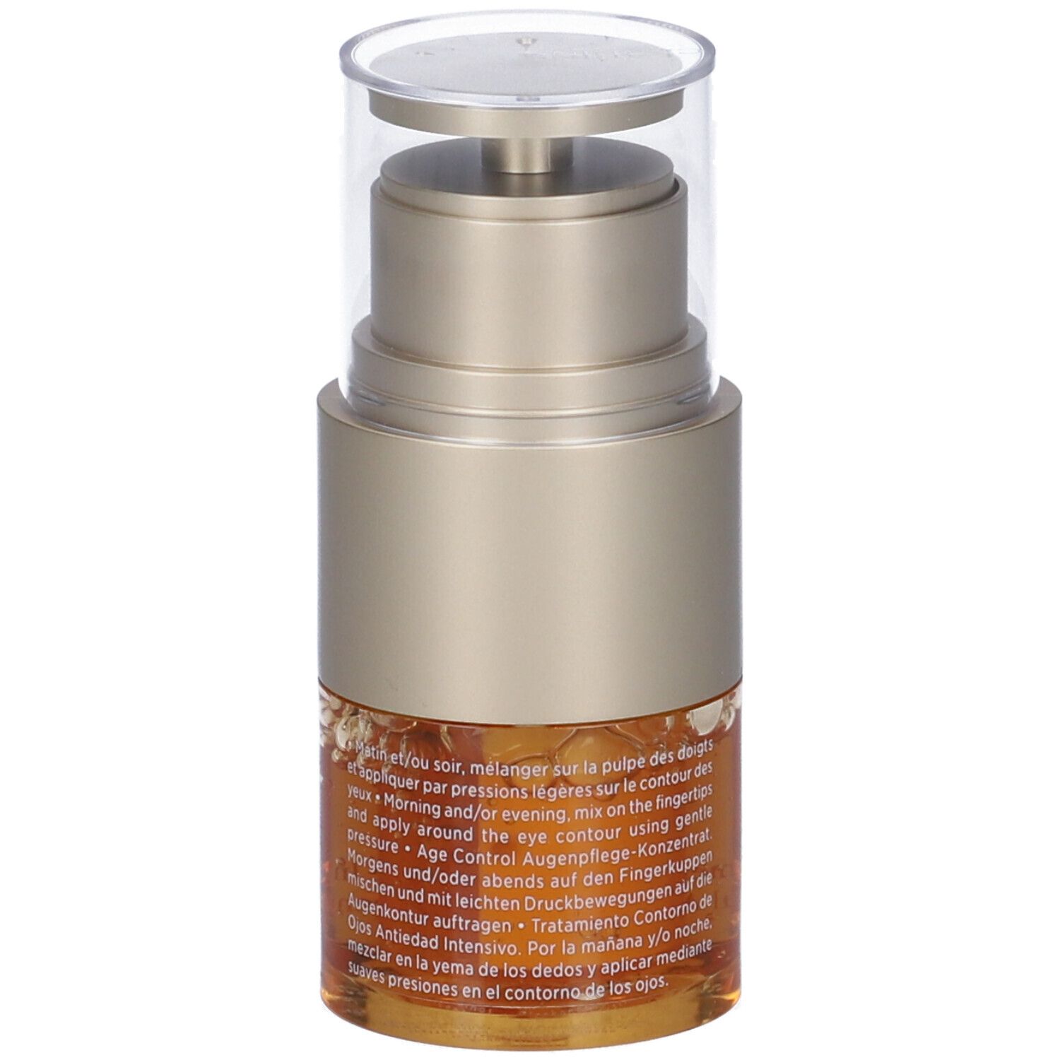 Clarins Double Serum Occhi. Contenitore dorato con tappo trasparente. Nome del prodotto e ingredienti visibili.
