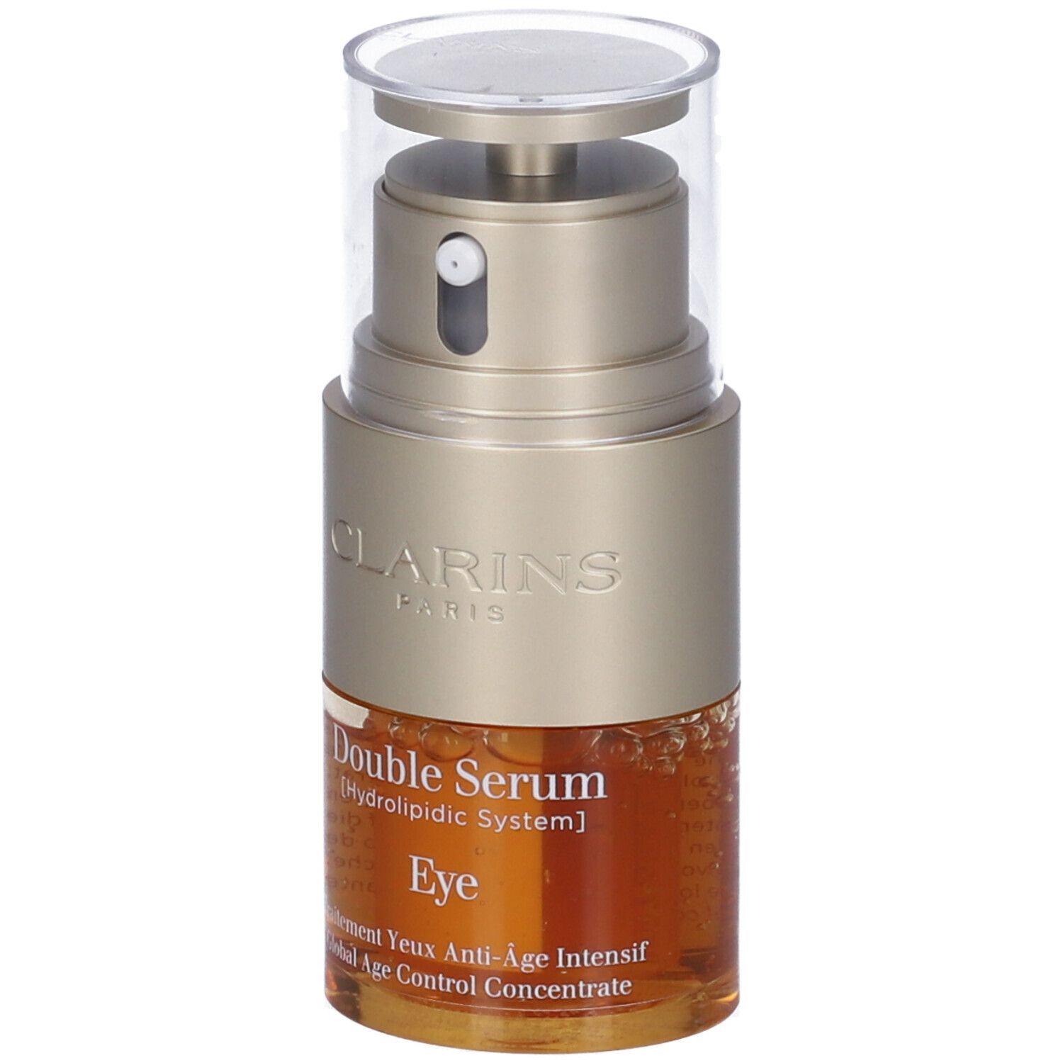 Clarins Double Serum Occhi. Contenitore dorato con tappo trasparente. Nome del prodotto e ingredienti visibili.