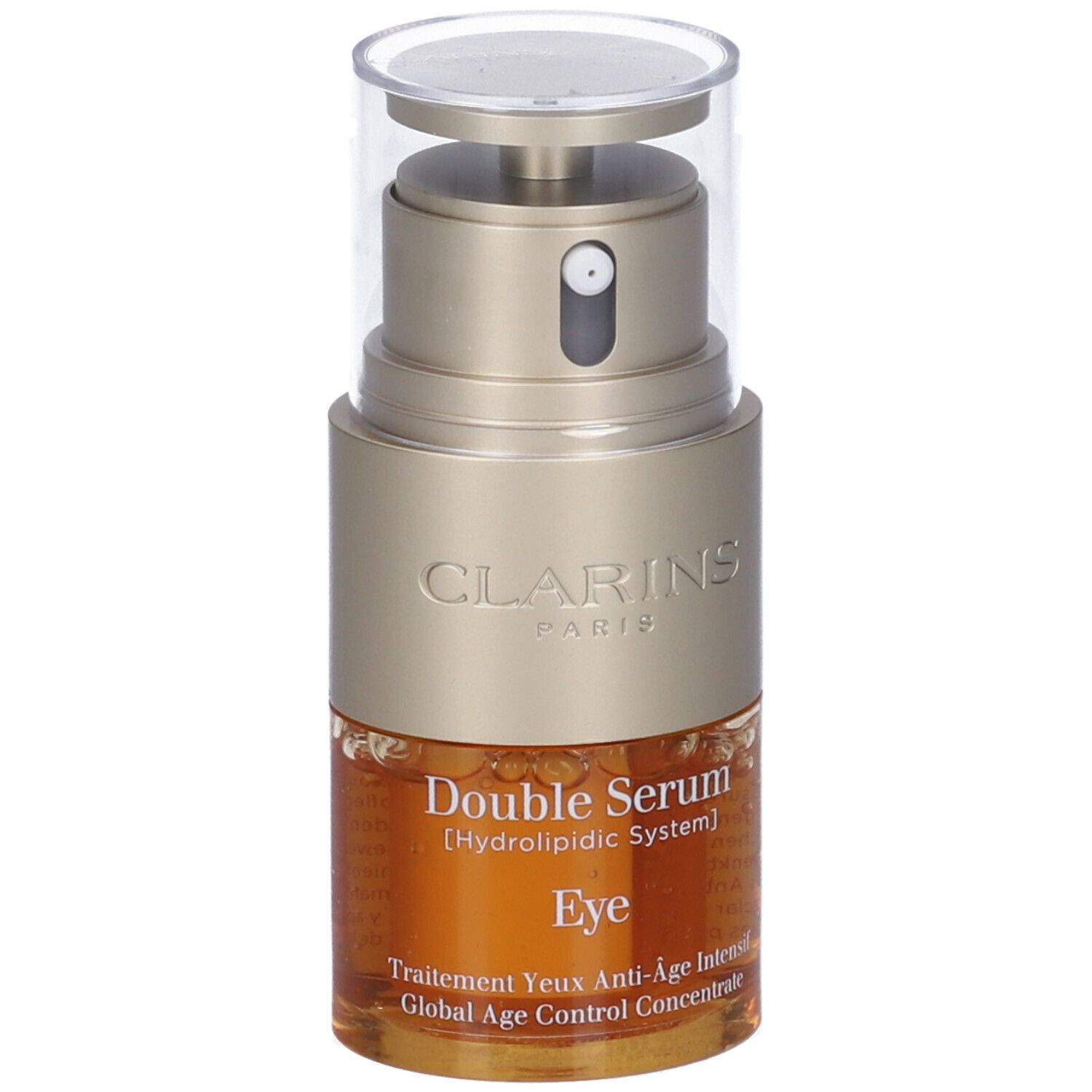Clarins Double Serum Occhi. Contenitore dorato con tappo trasparente. Nome del prodotto e ingredienti visibili.