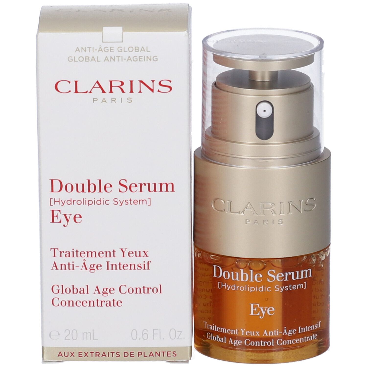 Clarins Double Serum Occhi e confezione. Flacone e scatola. Nome del prodotto e dettagli.