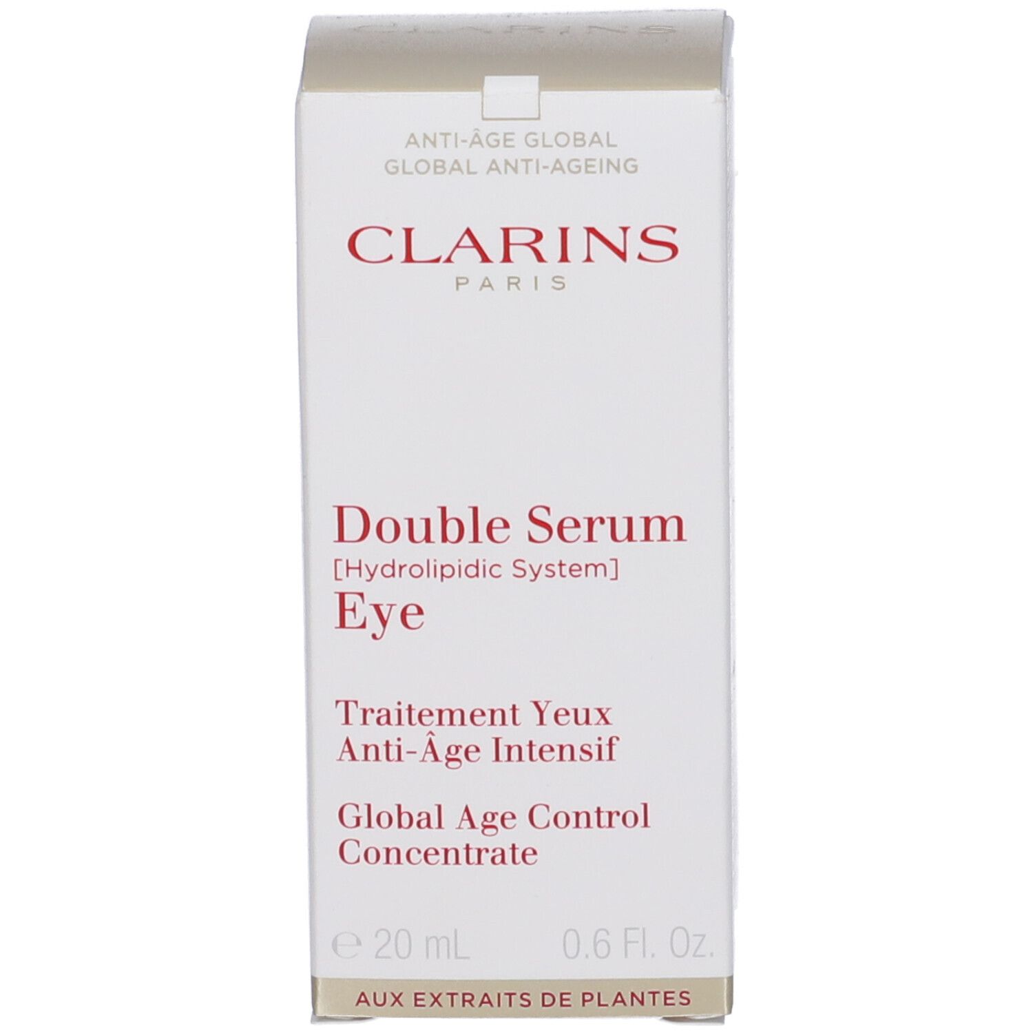 Confezione Clarins Double Serum Occhi. Scatola con nome e dettagli del prodotto.