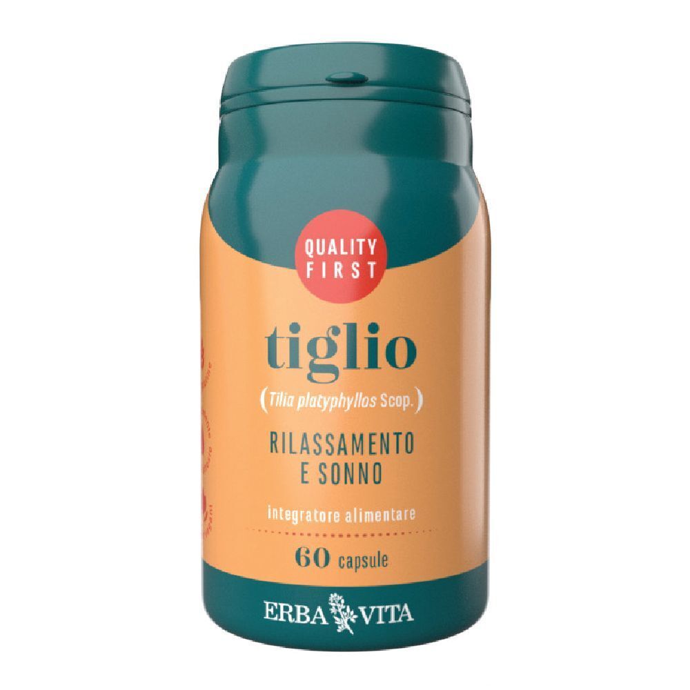Flacone verde e arancione con scritta "tiglio" e "Rilassamento e sonno". Contiene 60 capsule. Marchio: Erba Vita.
