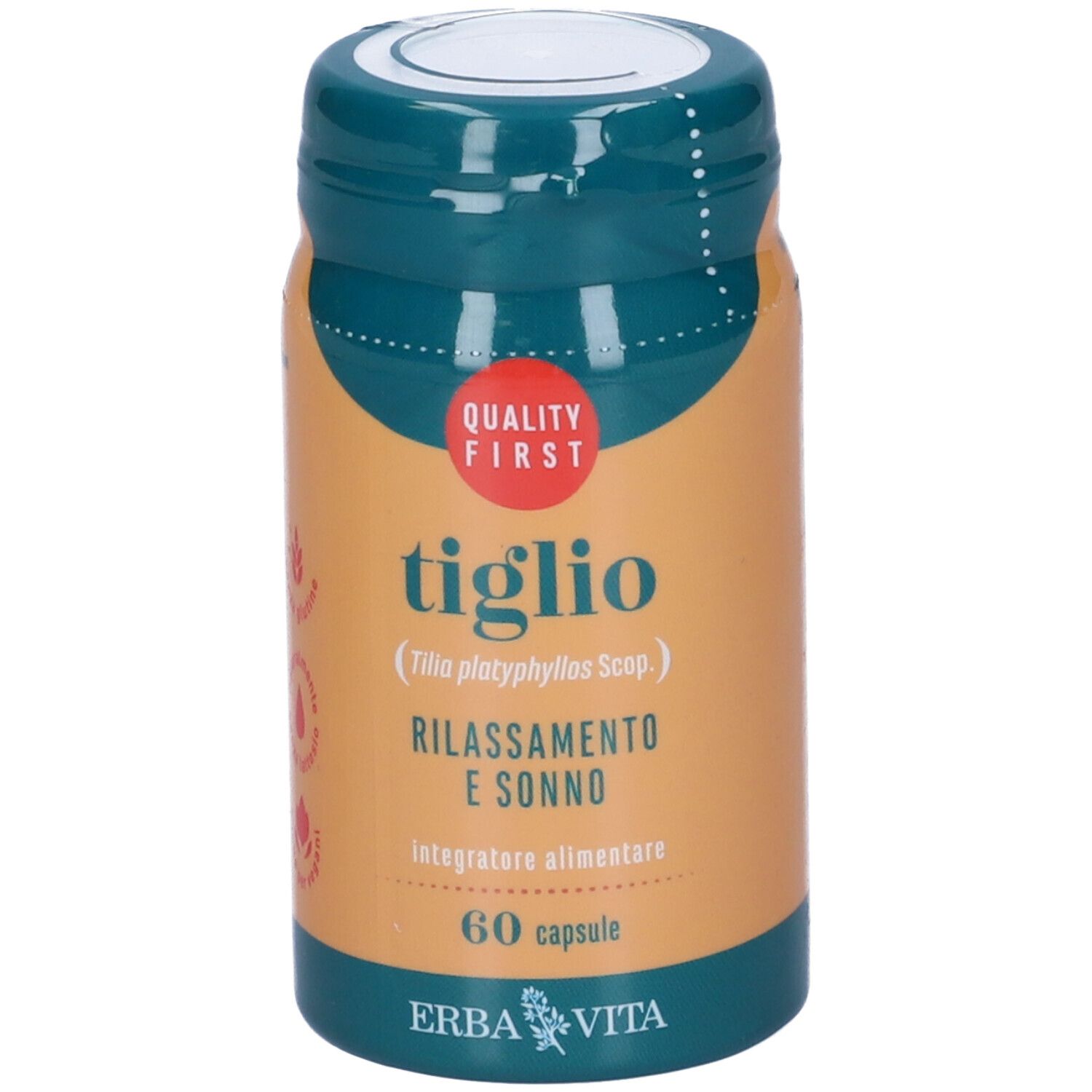 Flacone verde e arancione con scritta "tiglio" e "Rilassamento e sonno". Contiene 60 capsule. Marchio: Erba Vita.