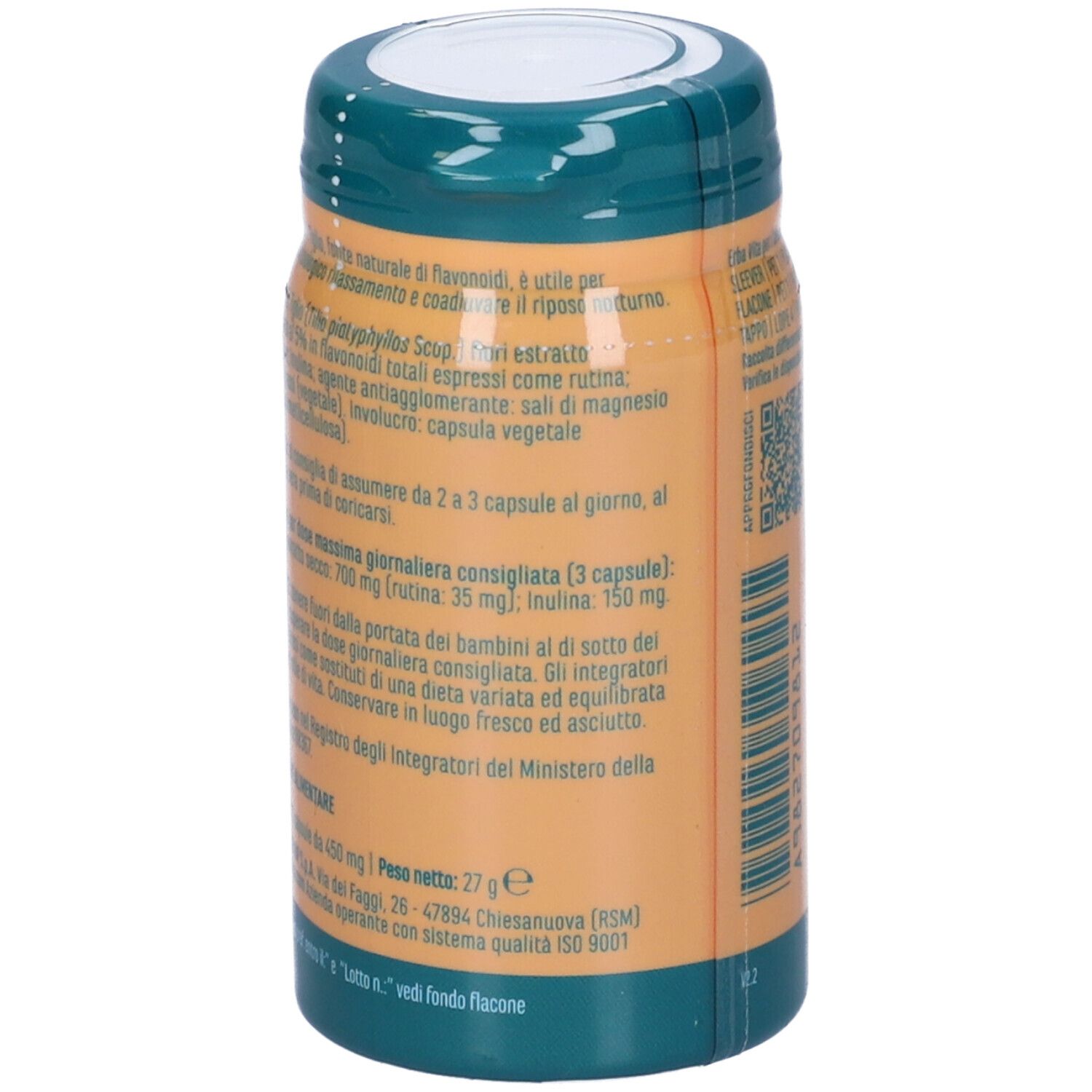 Retro di un flacone verde e arancione. Testo con informazioni sugli ingredienti e istruzioni per l'uso.