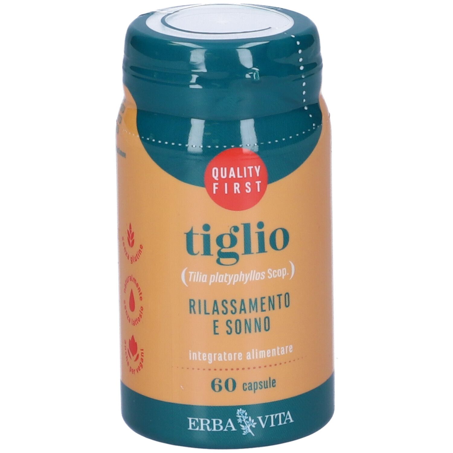 Flacone verde e arancione con scritta "tiglio" e "Rilassamento e sonno". Contiene 60 capsule. Marchio: Erba Vita.