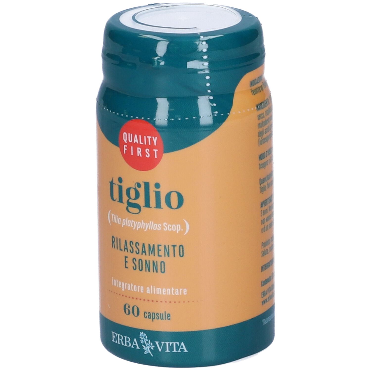Flacone verde e arancione con scritta "tiglio" e "Rilassamento e sonno". Contiene 60 capsule. Marchio: Erba Vita.