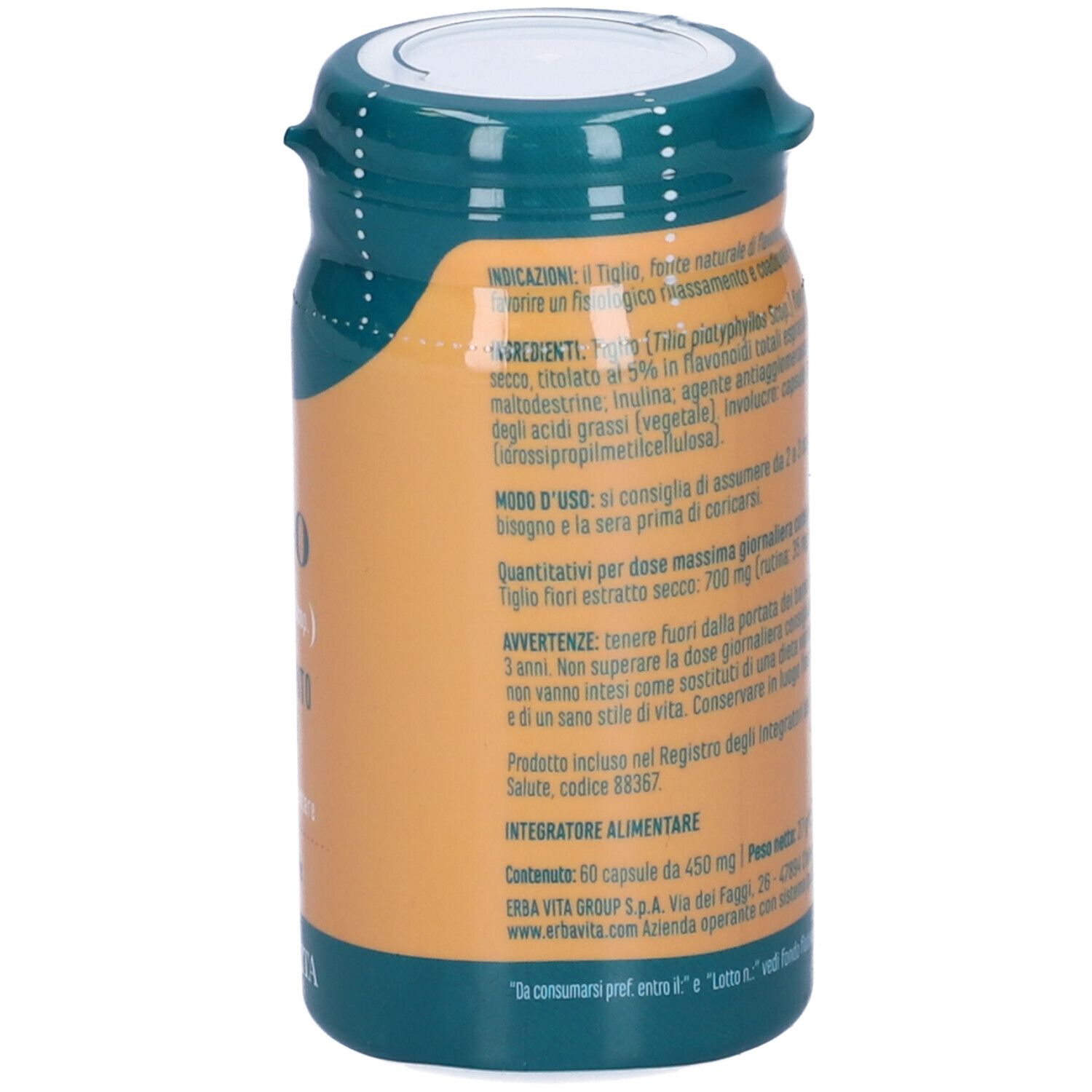 Retro di un flacone verde e arancione. Testo con informazioni sugli ingredienti e istruzioni per l'uso.
