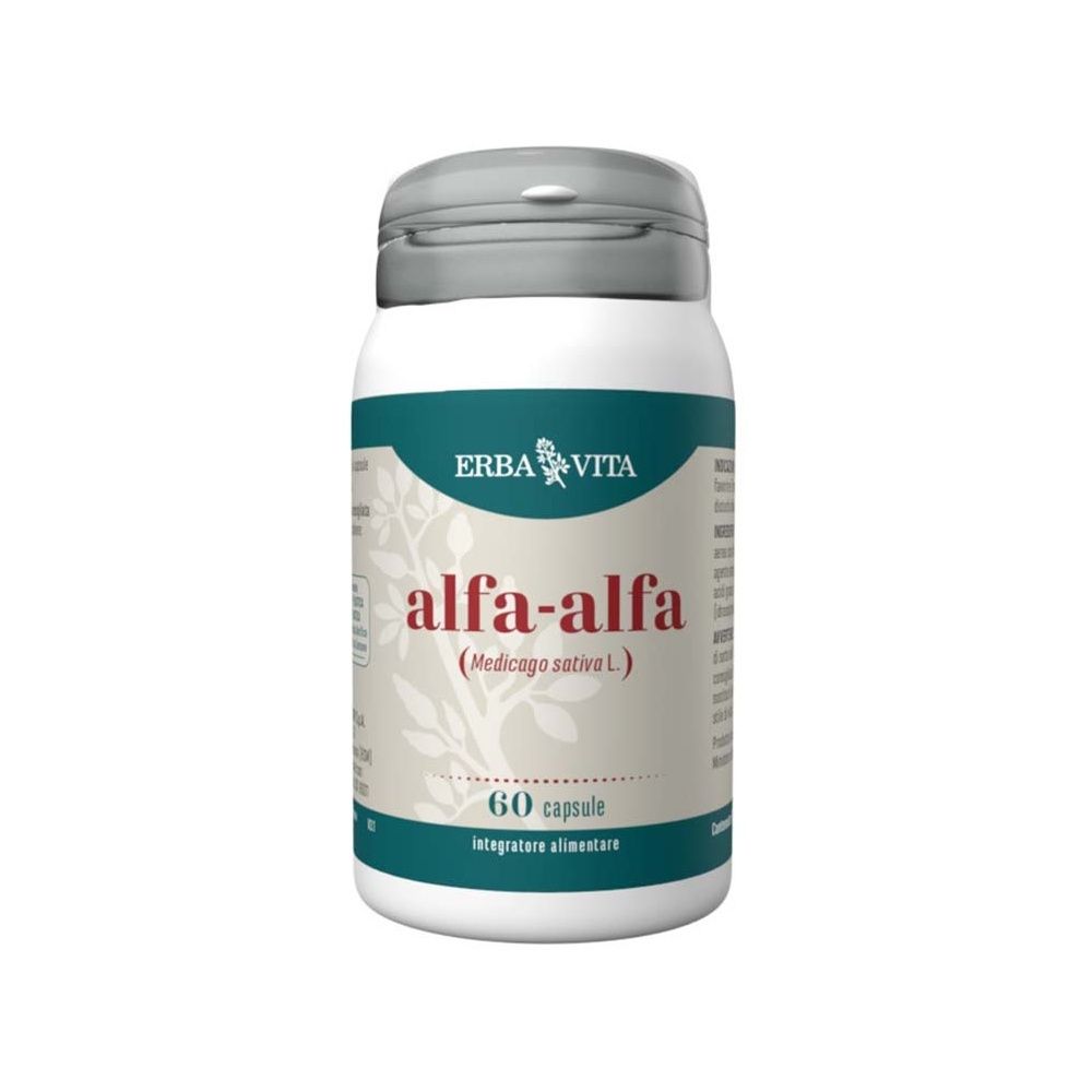 Flacone bianco con etichetta verde. Scritta: Erba Vita, alfa-alfa, 60 capsule. Coperchio grigio.