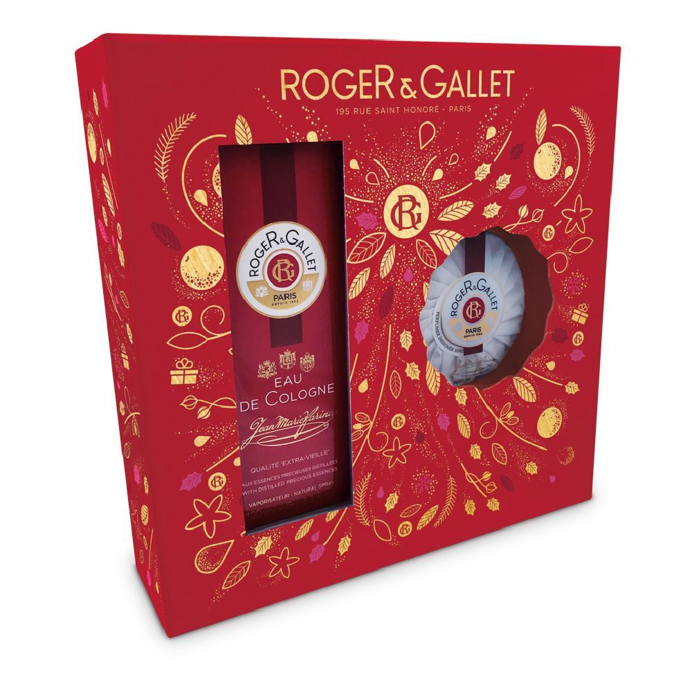 Confezione regalo rossa Roger & Gallet. Contiene una bottiglia di Eau de Cologne e un sapone rotondo. Decorata con elementi dorati.