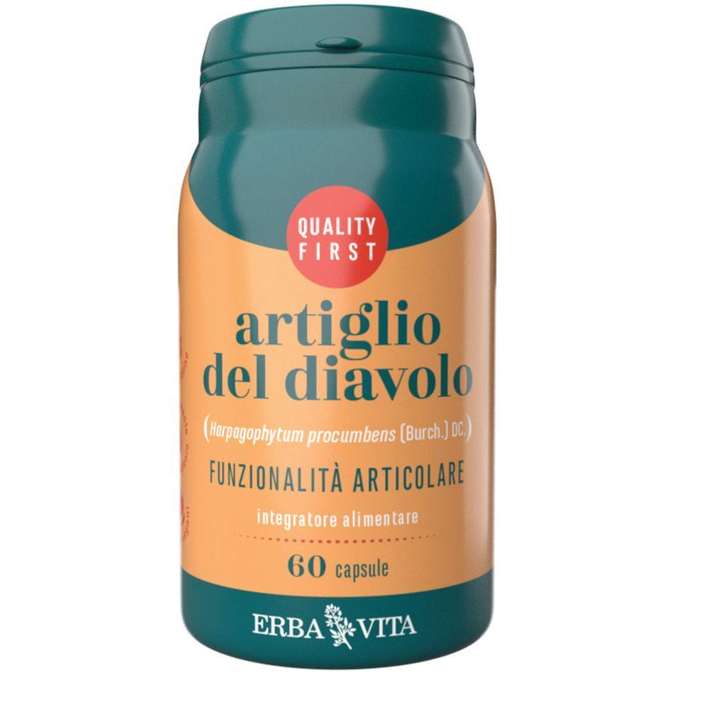 Barattolo verde con "Artiglio del Diavolo", 60 capsule. Marchio Erba Vita. Marchio di qualità.