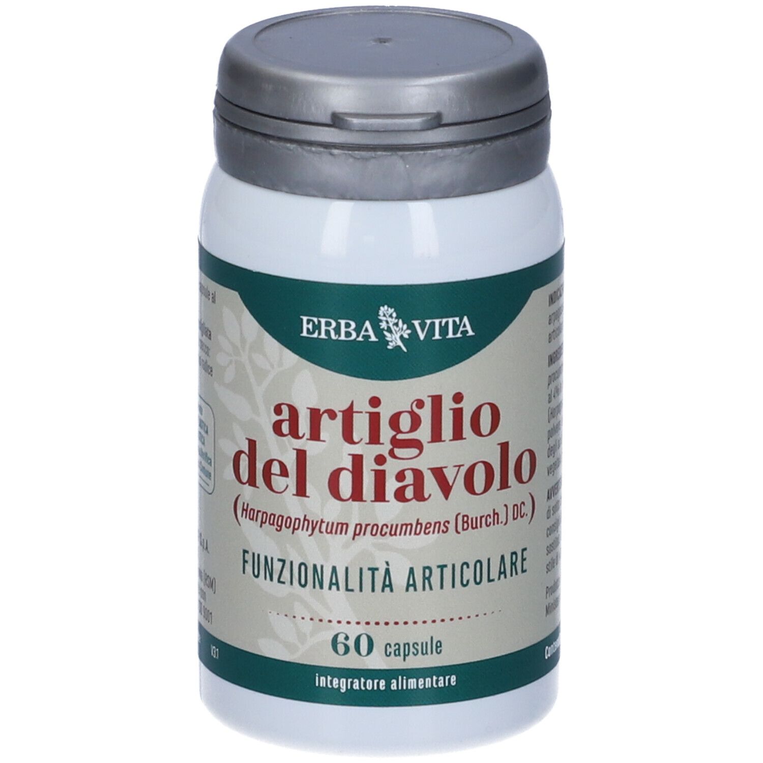 Barattolo bianco con "Artiglio del Diavolo", 60 capsule. Marchio Erba Vita. Coperchio grigio.