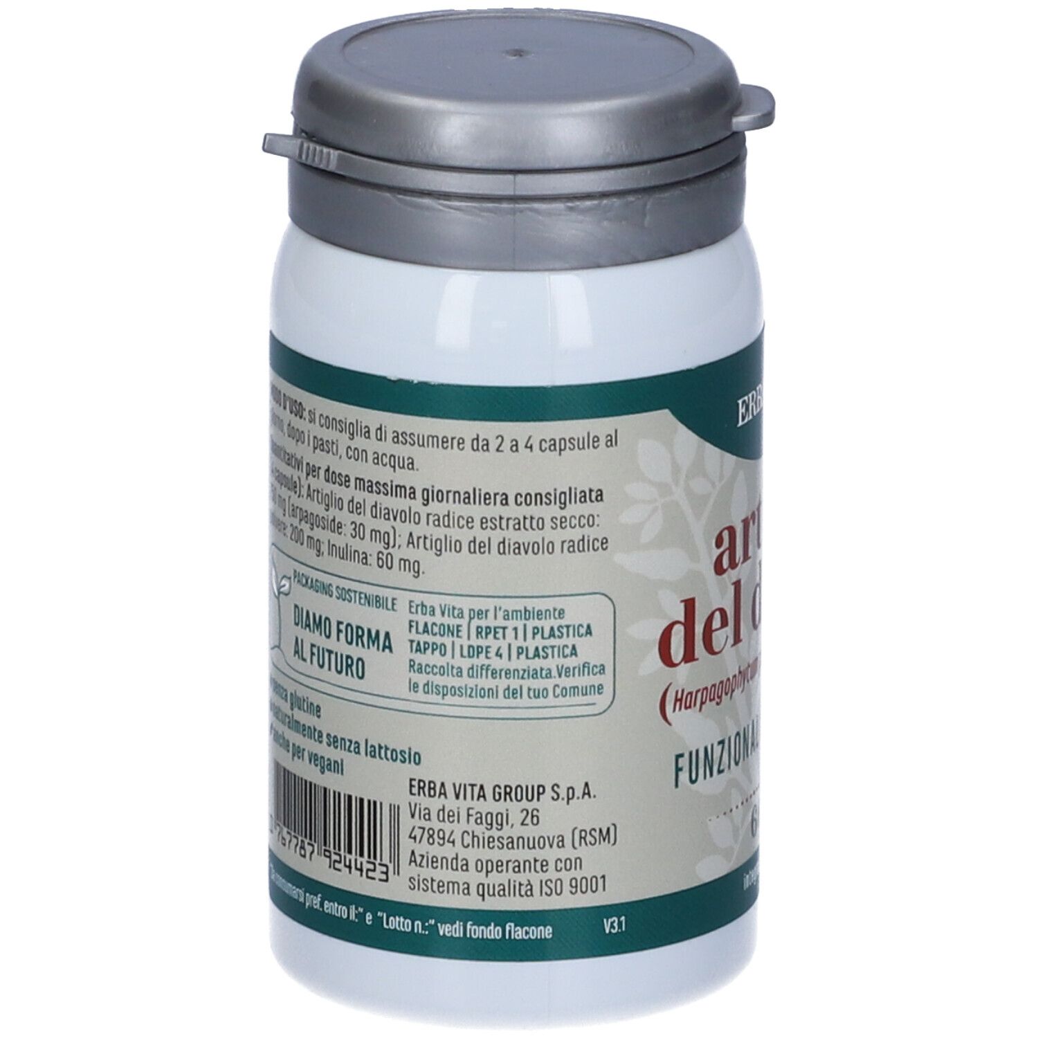 Retro del barattolo con testo. Marchio Erba Vita. Informazioni su ingredienti e uso.