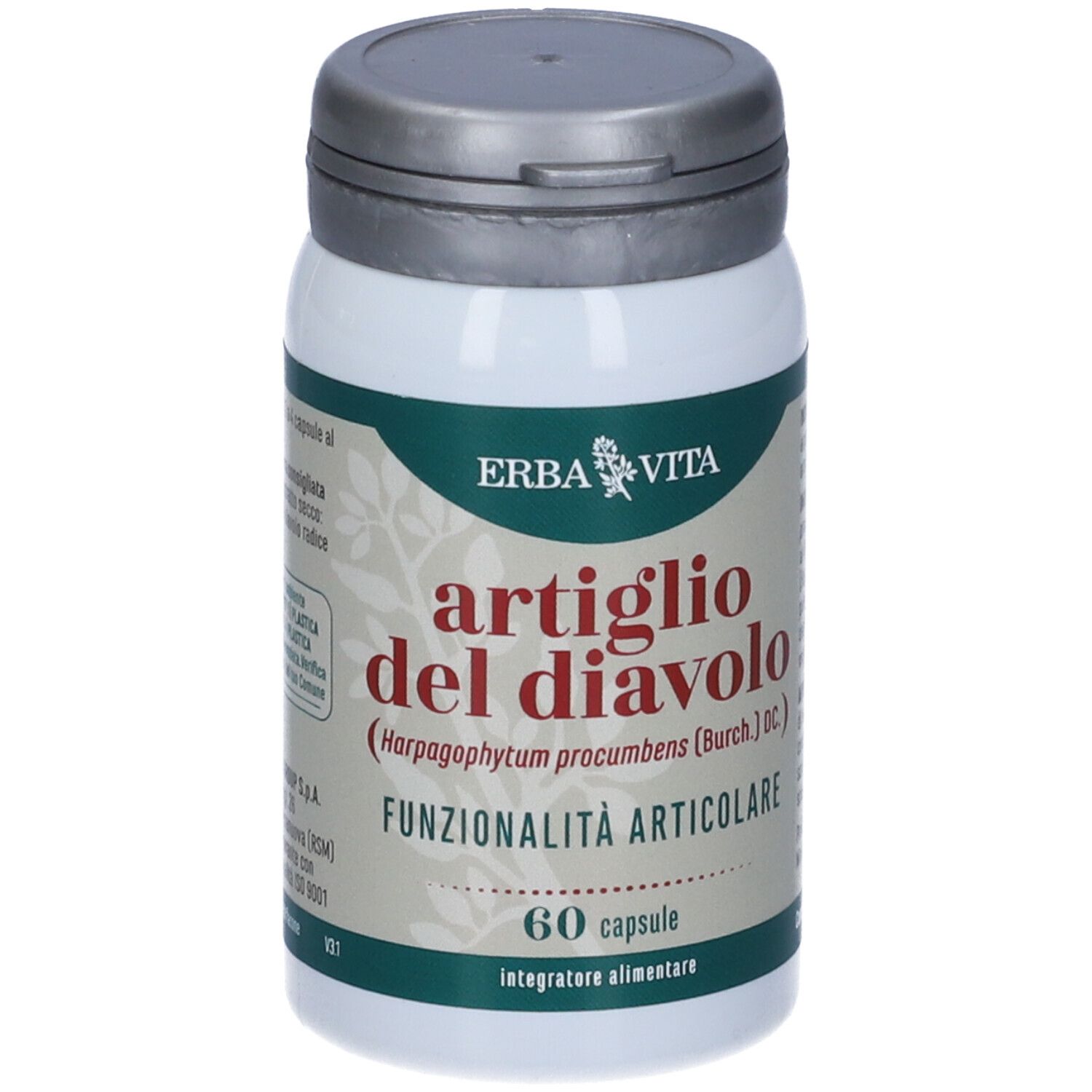 Barattolo bianco con "Artiglio del Diavolo", 60 capsule. Marchio Erba Vita. Coperchio grigio.
