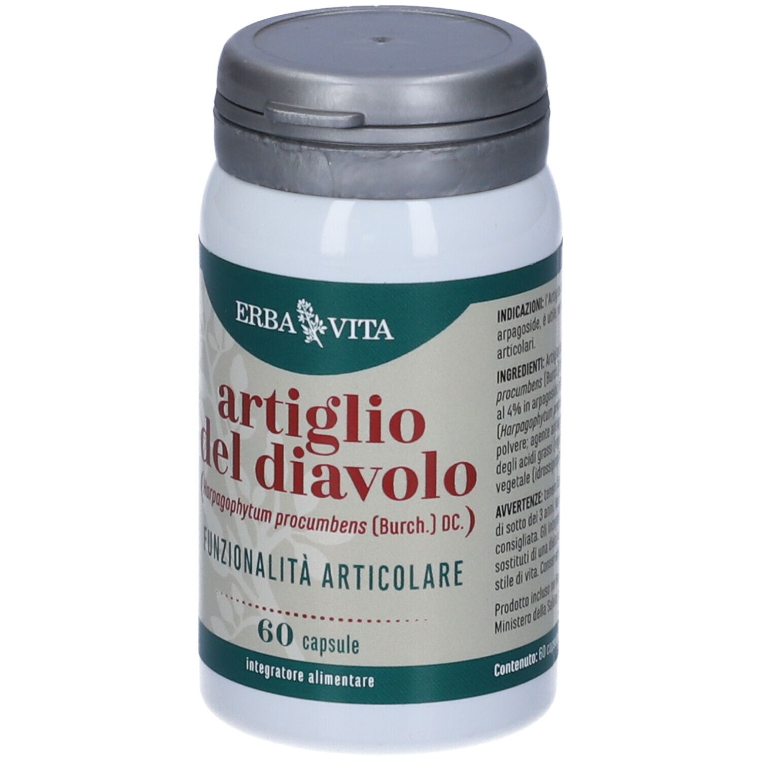 Barattolo bianco con "Artiglio del Diavolo", 60 capsule. Marchio Erba Vita. Coperchio grigio.