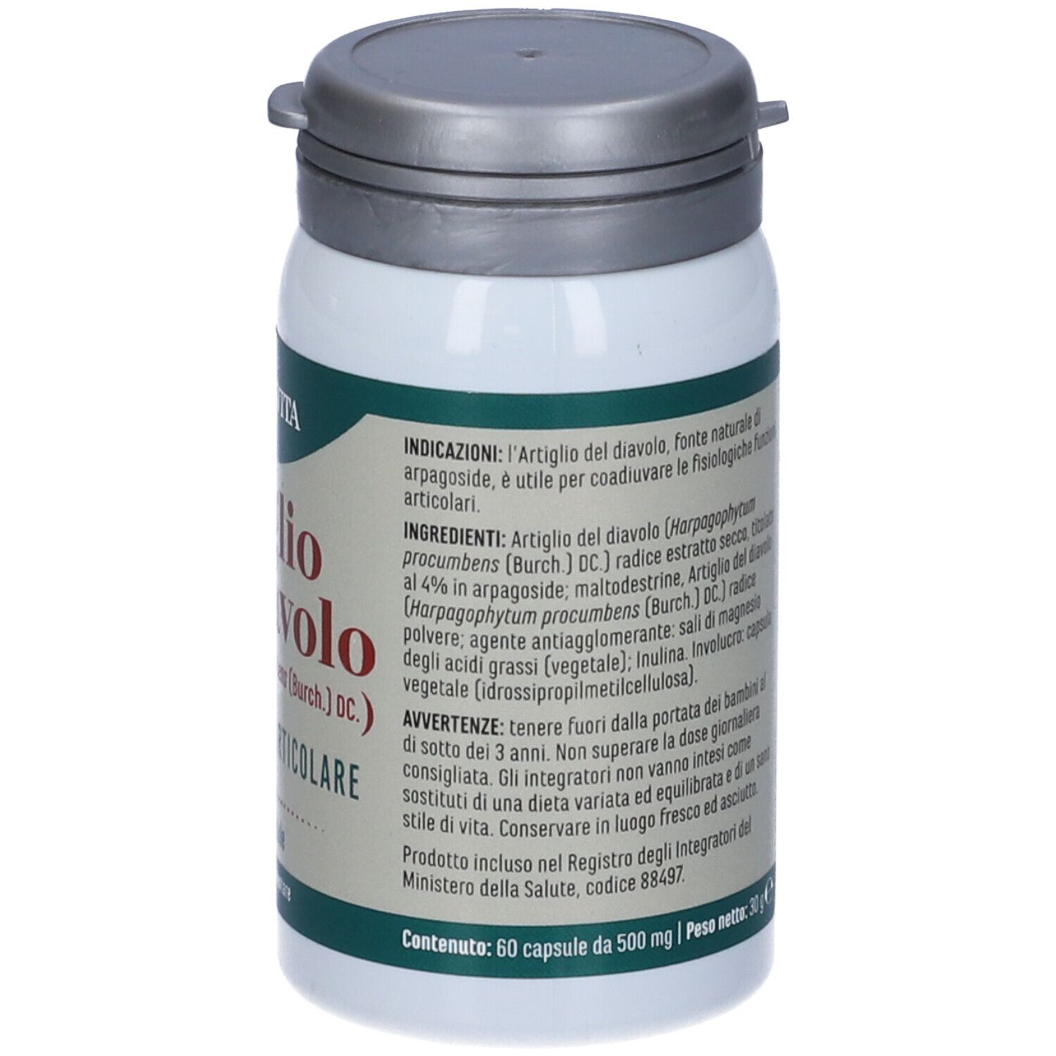 Retro del barattolo con testo. Marchio Erba Vita. Informazioni su ingredienti e uso.