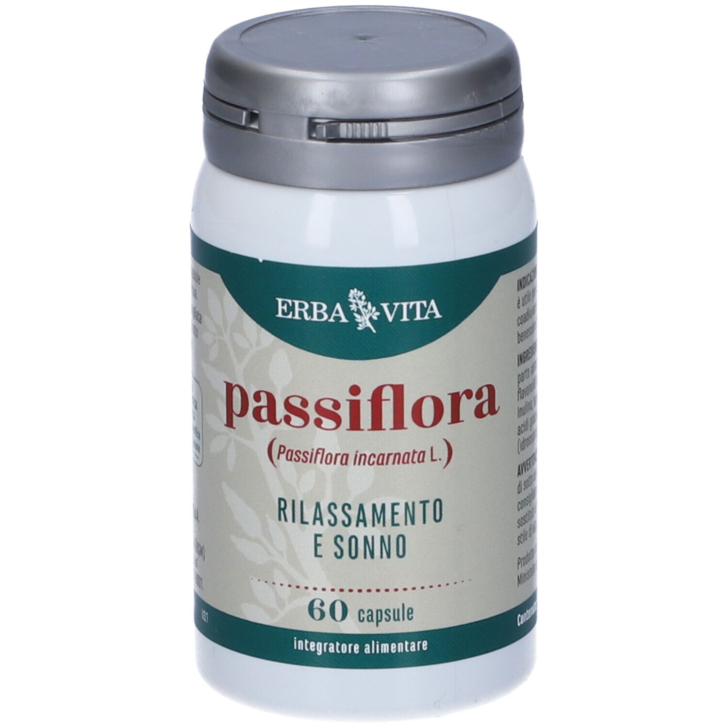 Flacone bianco con coperchio grigio. Scritta Passiflora, 60 capsule, marchio Erba Vita. Testo in italiano.