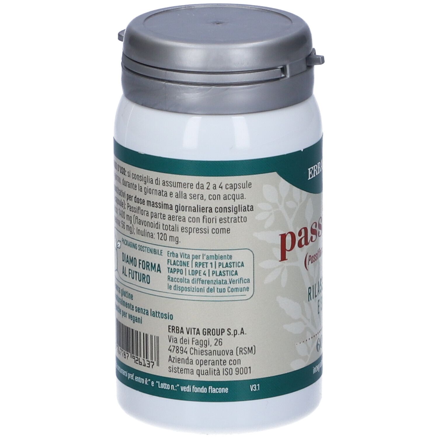 Retro del flacone bianco. Testo in italiano, con informazioni sugli ingredienti e il produttore.