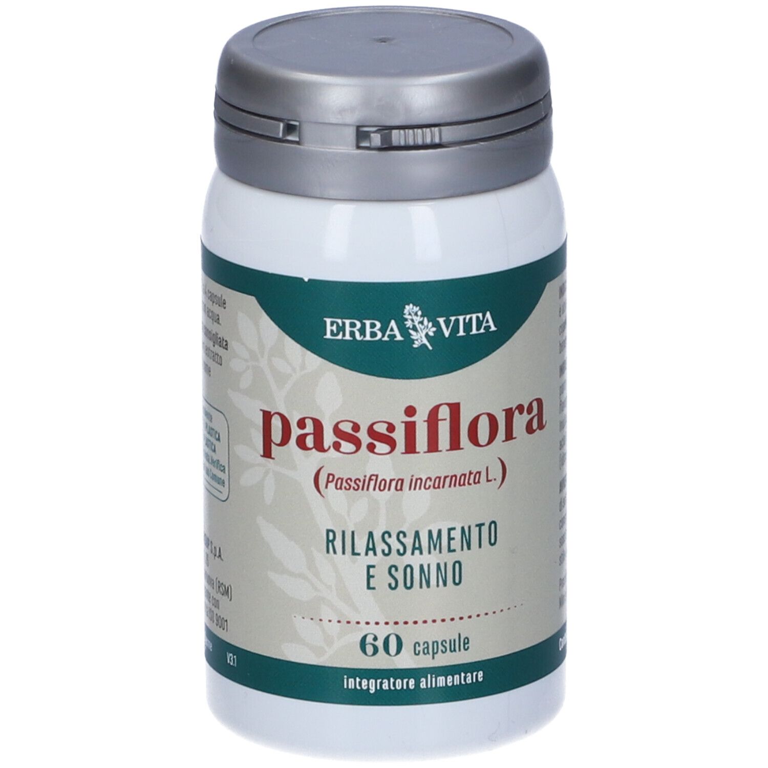Flacone bianco con coperchio grigio. Scritta Passiflora, 60 capsule, marchio Erba Vita. Testo in italiano.