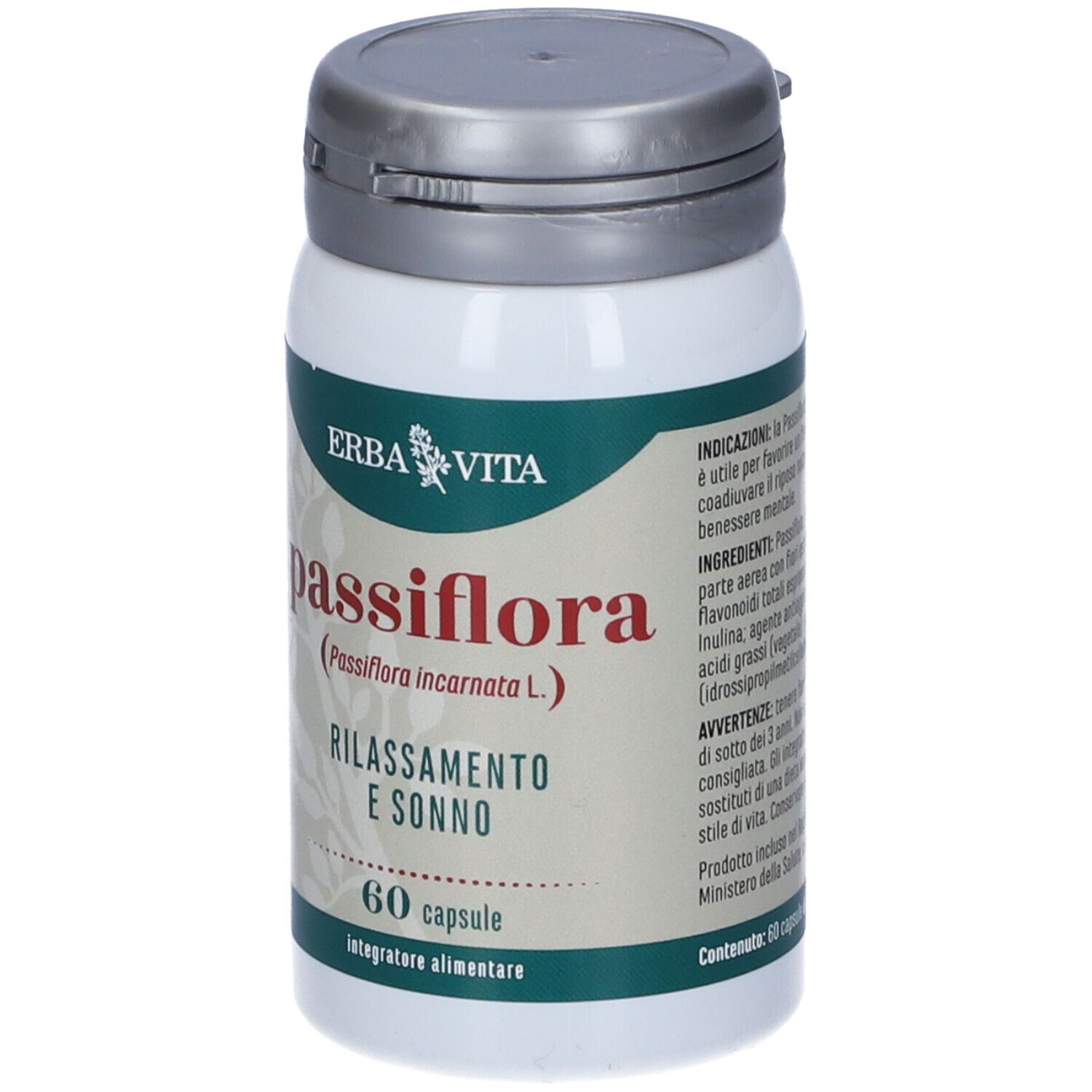 Flacone bianco con coperchio grigio. Scritta Passiflora, 60 capsule, marchio Erba Vita. Testo in italiano.