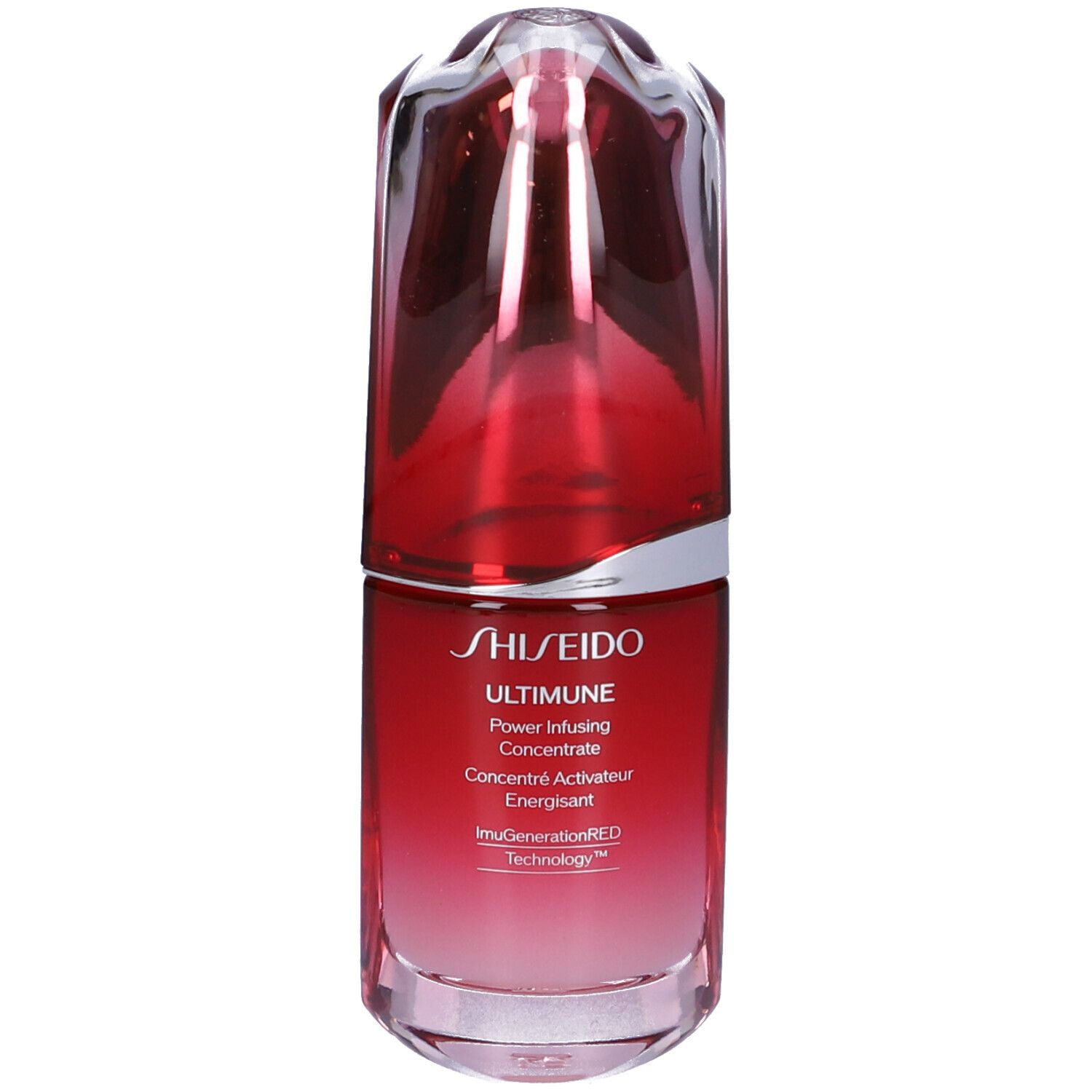 Flacone di siero rosso con tappo trasparente. Scritta: SHISEIDO ULTIMUNE Power Infusing Concentrate. Sfumatura dal rosso al trasparente.