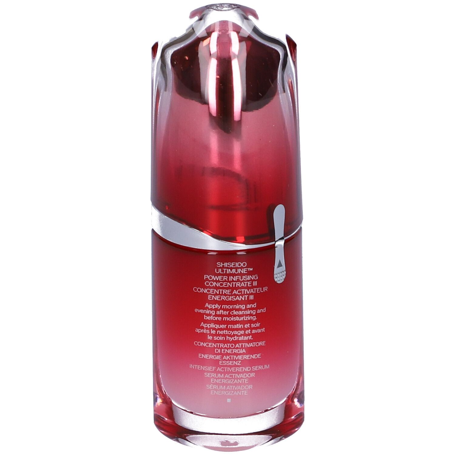 Flacone di siero rosso con tappo trasparente. Vista posteriore. Scritta: SHISEIDO ULTIMUNE Power Infusing Concentrate. Testo multilingue.