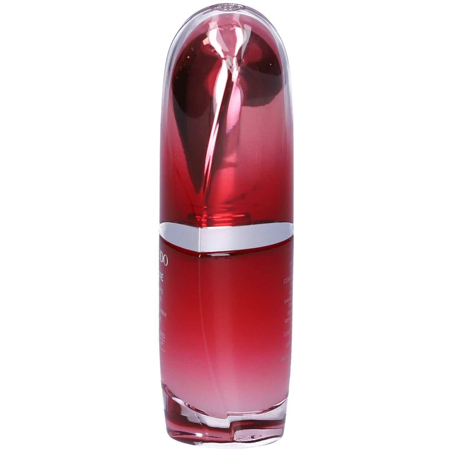 Flacone di siero rosso con tappo trasparente. Vista laterale. Sfumatura dal rosso al trasparente. Scritta: SHISEIDO.