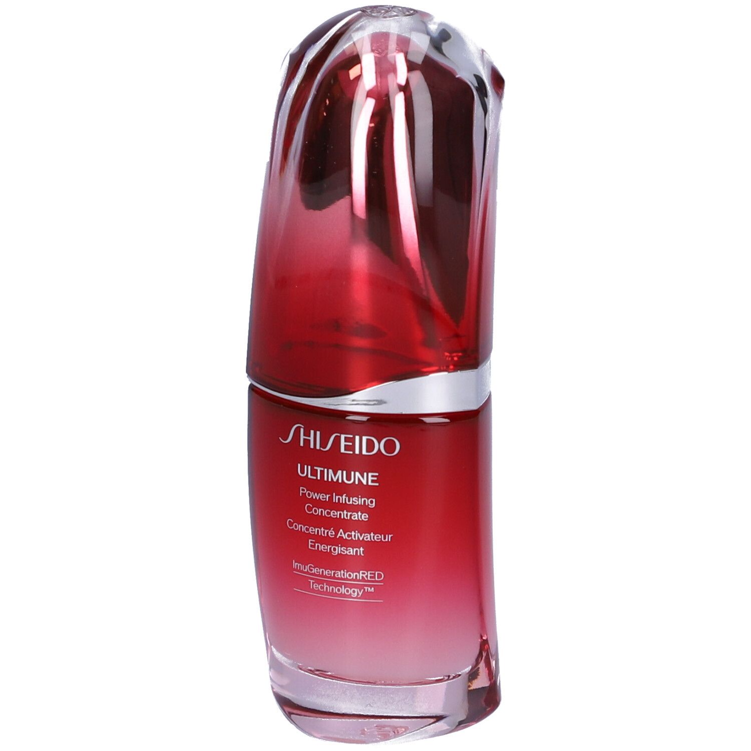 Flacone di siero rosso con tappo trasparente. Scritta: SHISEIDO ULTIMUNE Power Infusing Concentrate. Sfumatura dal rosso al trasparente.