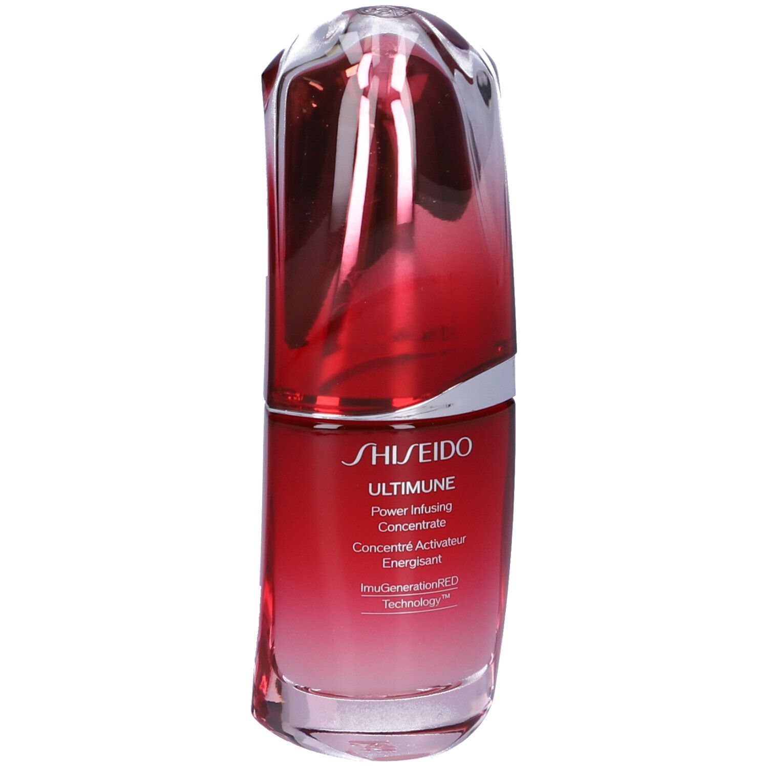 Flacone di siero rosso con tappo trasparente. Scritta: SHISEIDO ULTIMUNE Power Infusing Concentrate. Sfumatura dal rosso al trasparente.