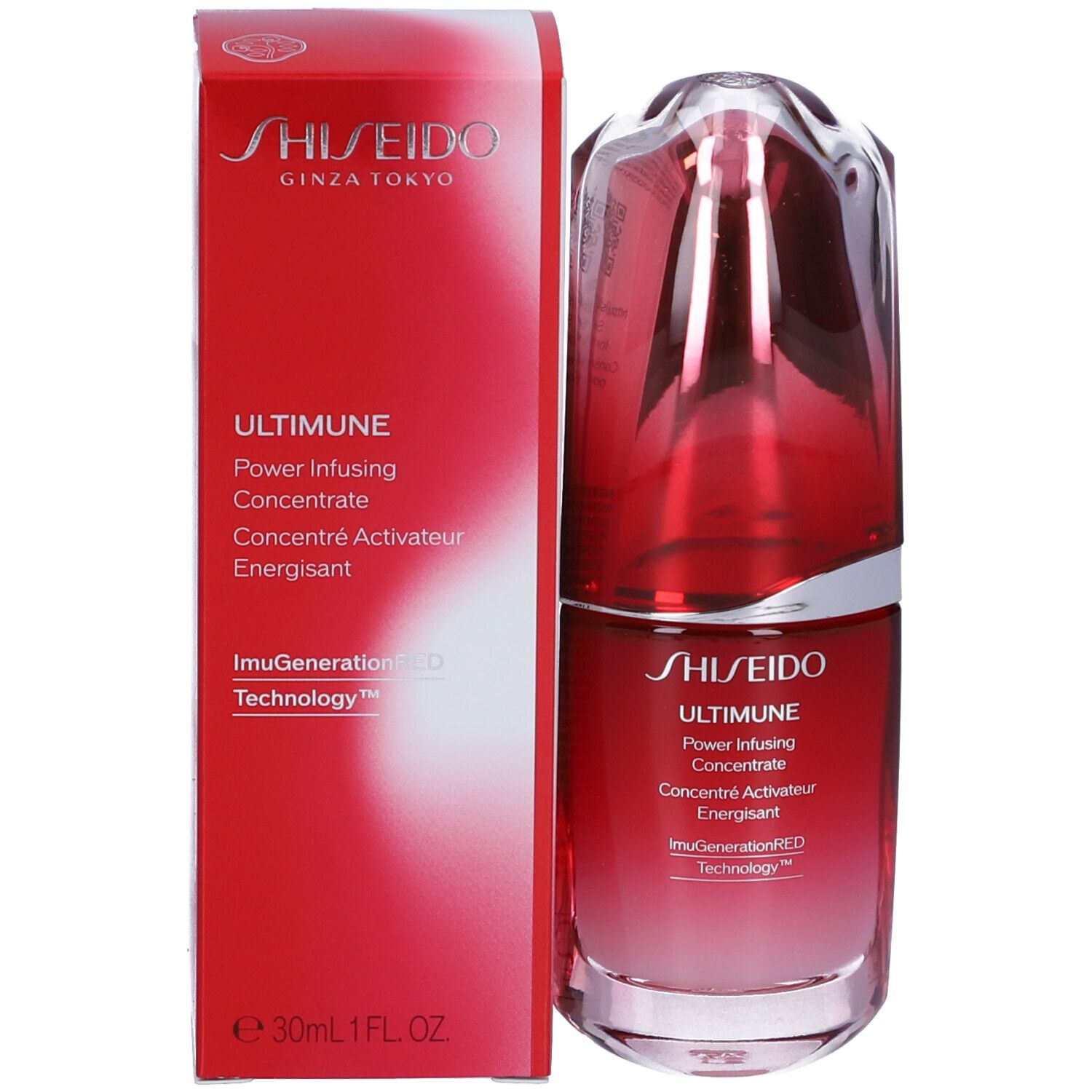 Flacone di siero rosso e confezione. Scritta: SHISEIDO ULTIMUNE Power Infusing Concentrate. Confezione con immagine del prodotto.