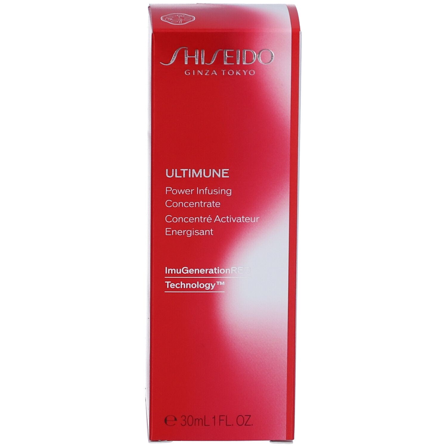 Confezione rossa. Scritta: SHISEIDO ULTIMUNE Power Infusing Concentrate. Testo e immagine del prodotto. 30ml.