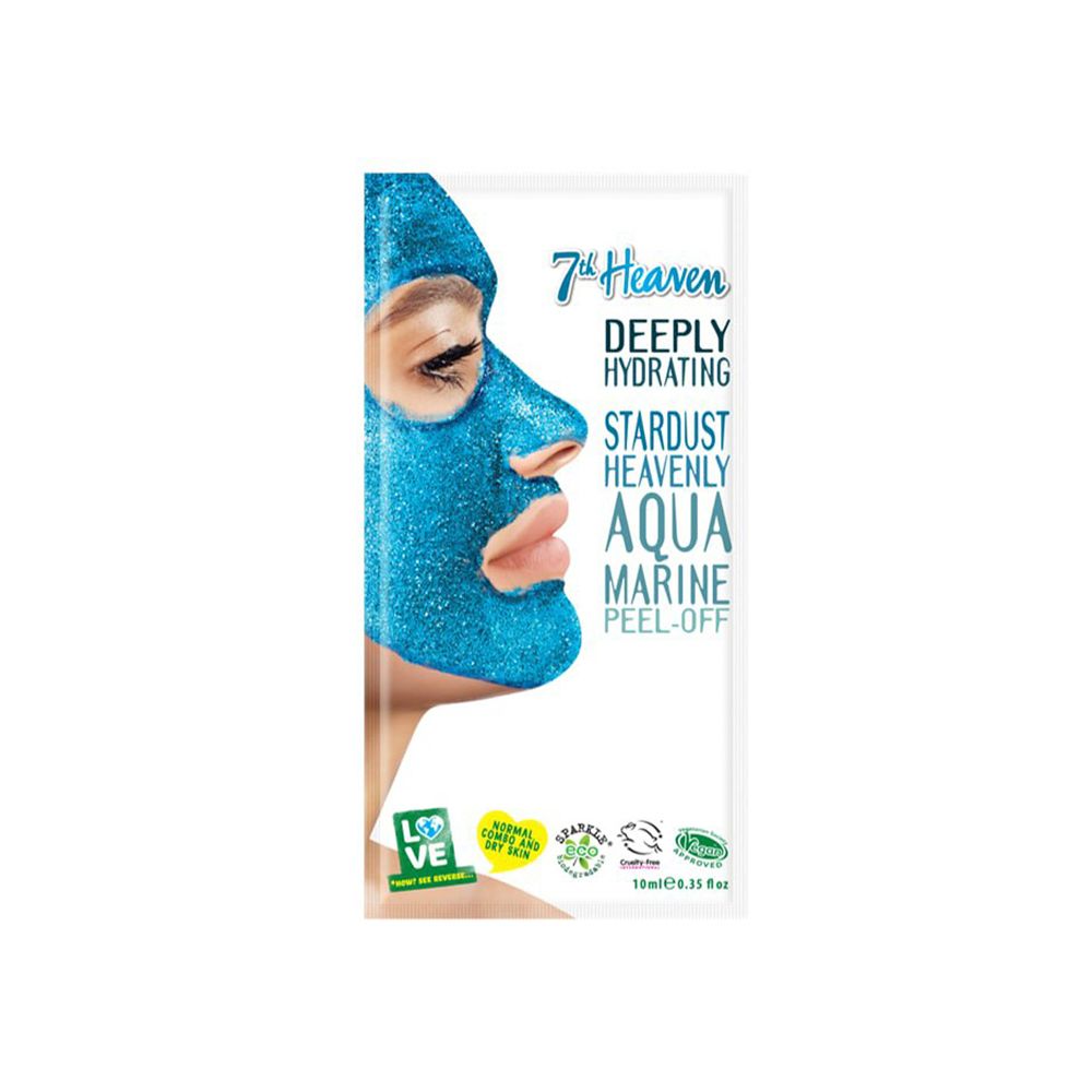 Maschera viso glitterata blu. Testo: Deeply Hydrating, Aqua Marine Peel-Off. Confezione con logo e informazioni.